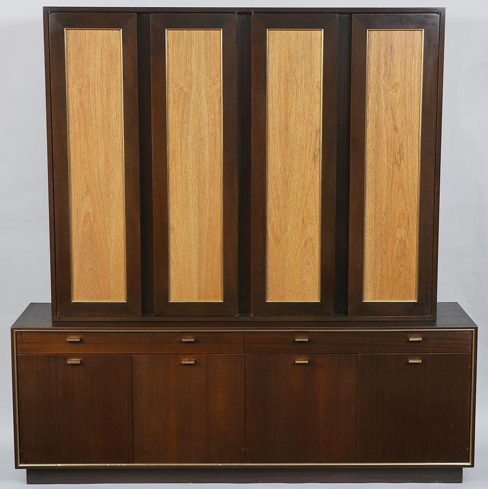 Harvey Probber breakfront: Harvey Probber breakfront with two double walnut paneled cabinet doors set on base with two drawers over cabinets. Some scratches and dings from use. 73-3/4''h, 71-1/4''w, 17-3/4''d.