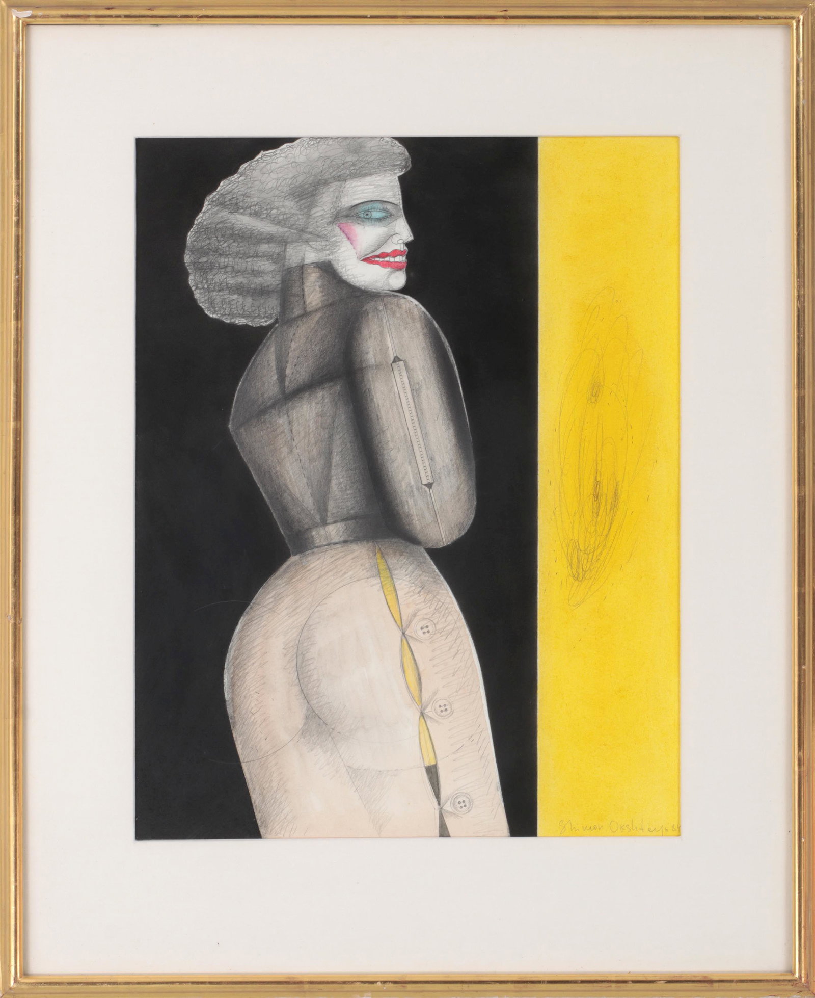 SHIMON OKSHTEYN (Ukrainian-American, 1951-2020): SHIMON OKSHTEYN (Ukrainian-American, 1951-2020), woman in pencil skirt, mixed media on paper, pencil signed lower right and dated ''84''. In giltwood frame with linen mat, under glass. Sight 22''h, 17