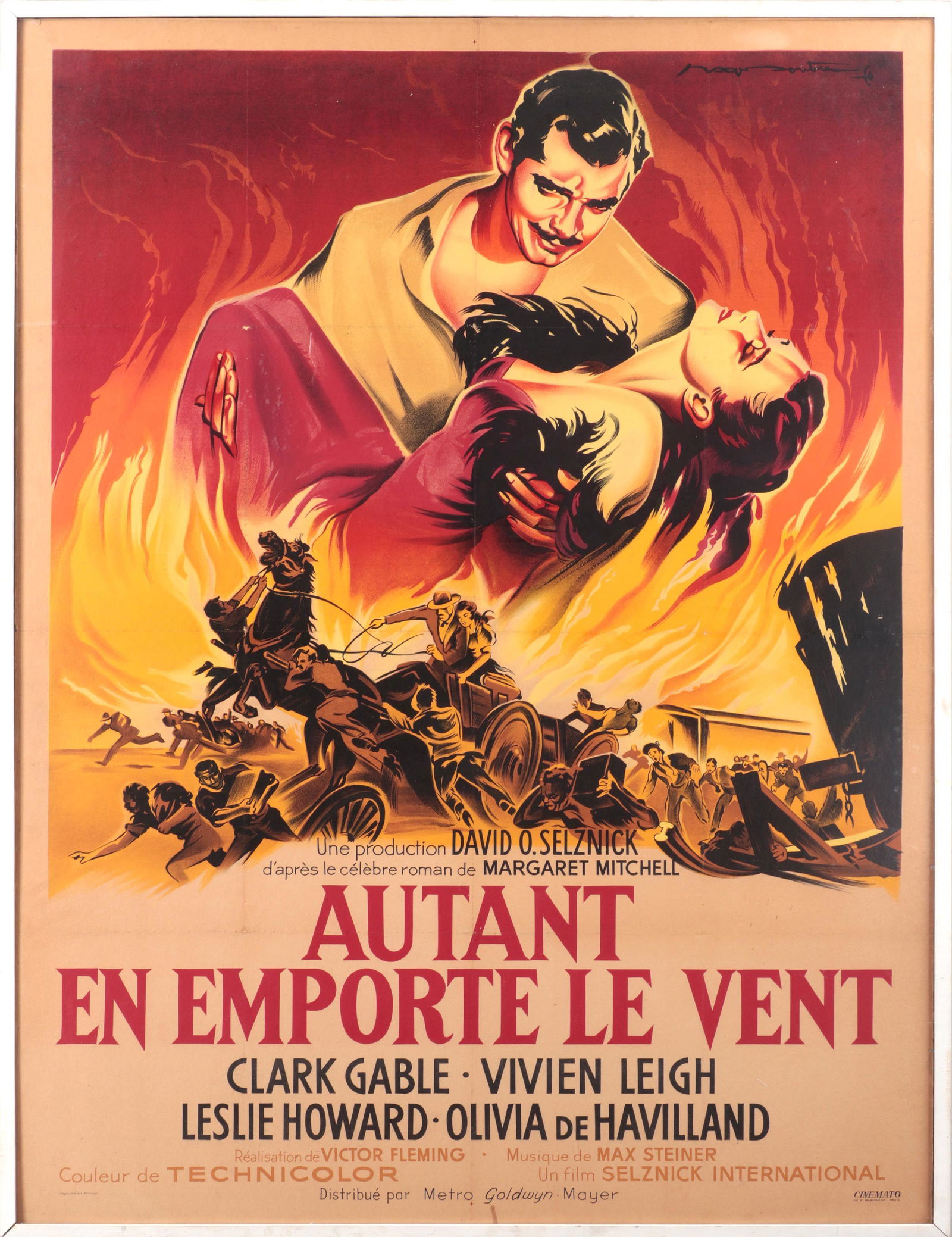 French ''Gone with the Wind'' movie poster: French ''Gone with the Wind'' movie poster, ''Autant en Emporte le Vent'', After ROGER SOUBIE (French, 1898-1984), lithograph in colors, signed in stone upper right. Framed under acrylic. Laid down to