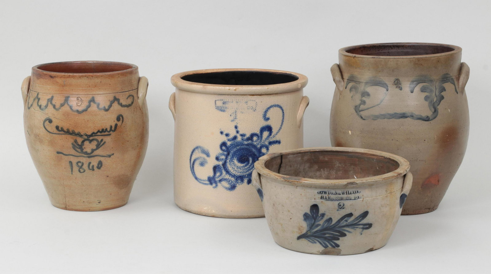 Group of (4) 19th century American stoneware: Group of (4) 19th century American stoneware crocks with cobalt blue decoration, to include: New York, Stoneware Co. four-gallon; Cowden & Wilcox, Harrisburg, PA two-gallon, (chips and cracks); ovoid 