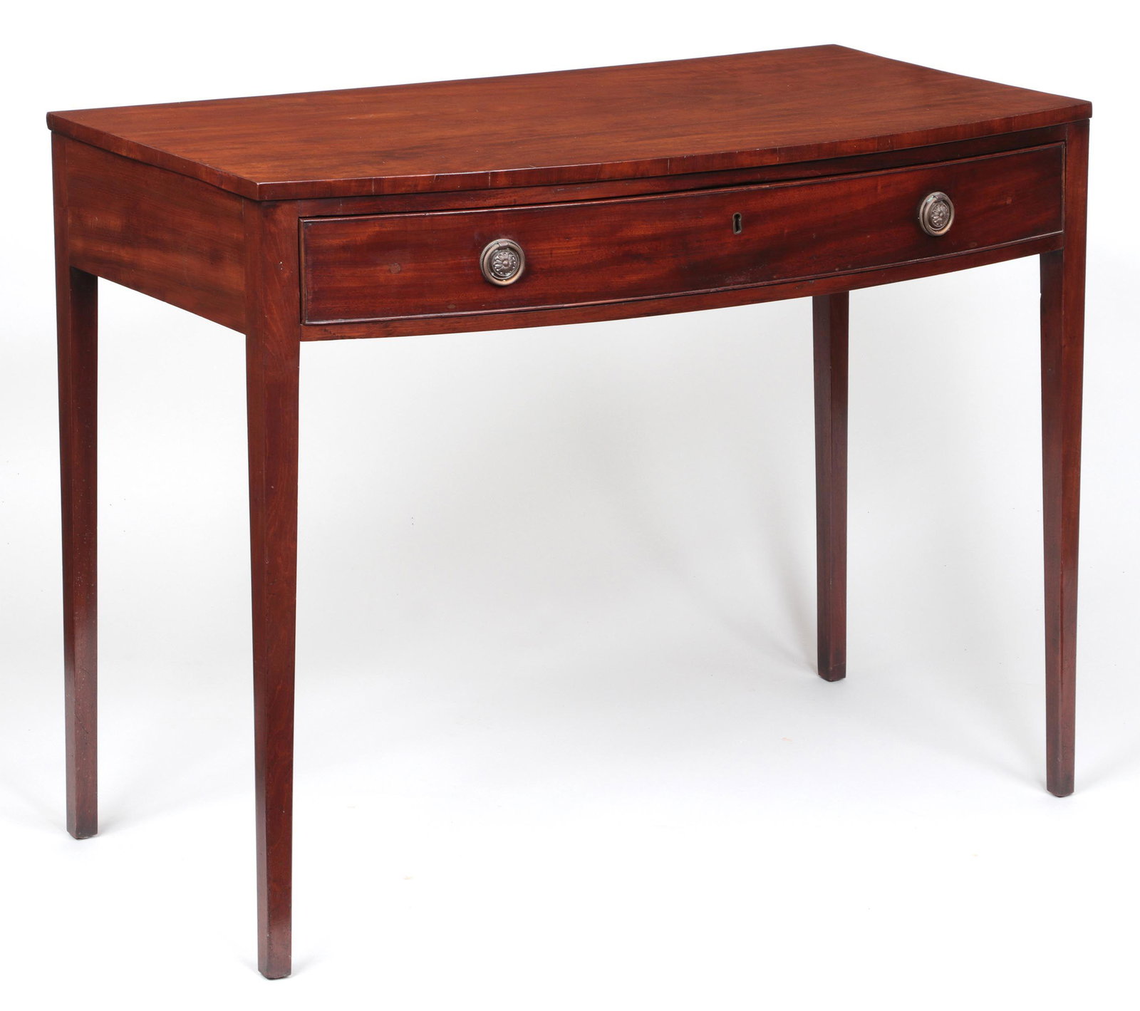 Hepplewhite mahogany bowfront table: Hepplewhite mahogany bowfront table with single drawer, raised on square tapering legs. Replaced hardware. 30-3/4''h, 39''w, 19-3/4''d.