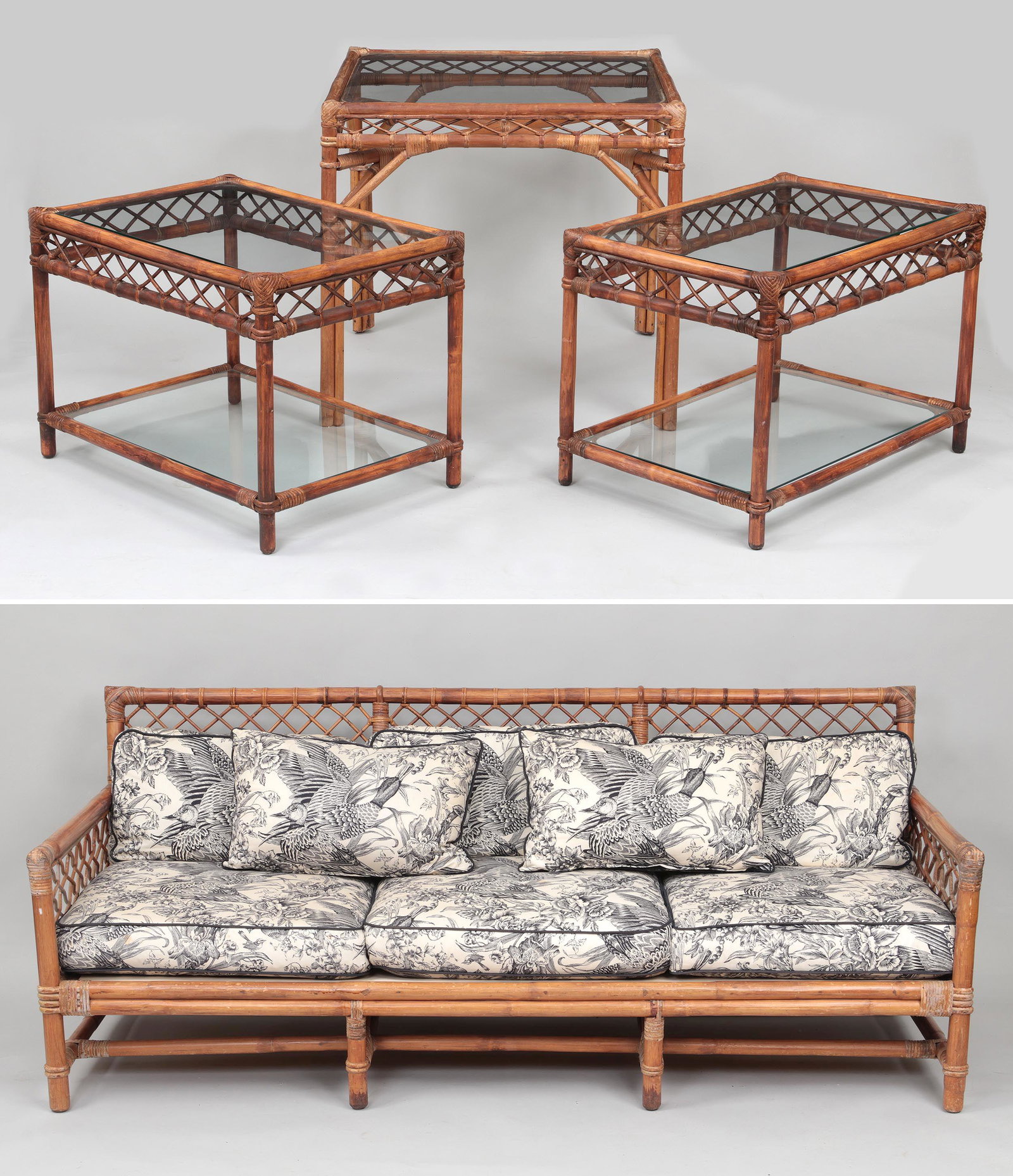 Four-piece bamboo set: Four-piece bamboo set, to include: settee with fowl pattern cushions; (2) glass side tables with bottom shelf; large square glass top table. Wear from use, minor loss to wrapping, one seat cushion off