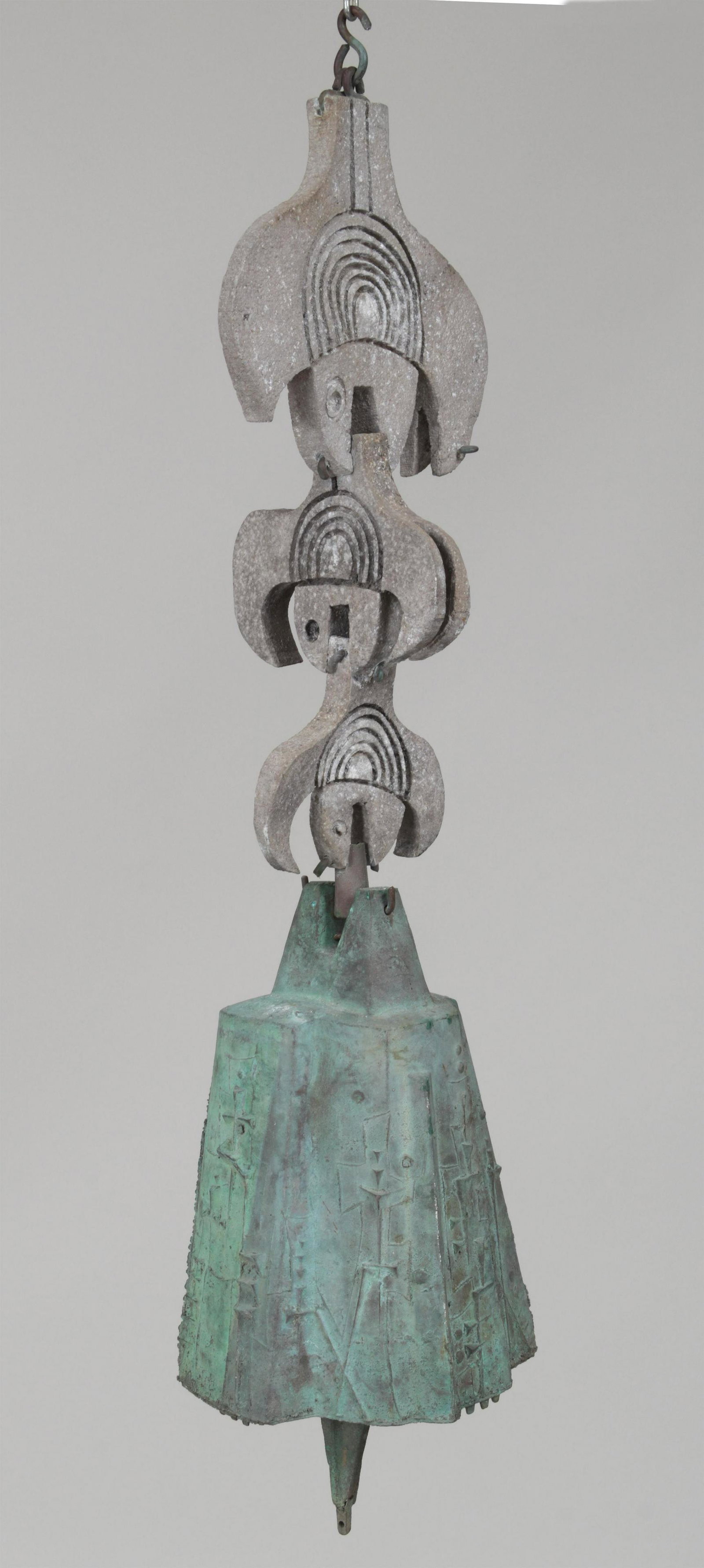 PAOLO SOLERI (Italian-American, 1919-2013): PAOLO SOLERI (Italian-American, 1919-2013), verdigris bronze and cast aluminum sculptural bell mobile, bell bears Arcosanti foundry mark. Probably unique. Weathered, lacking copper fin to bell. Appear