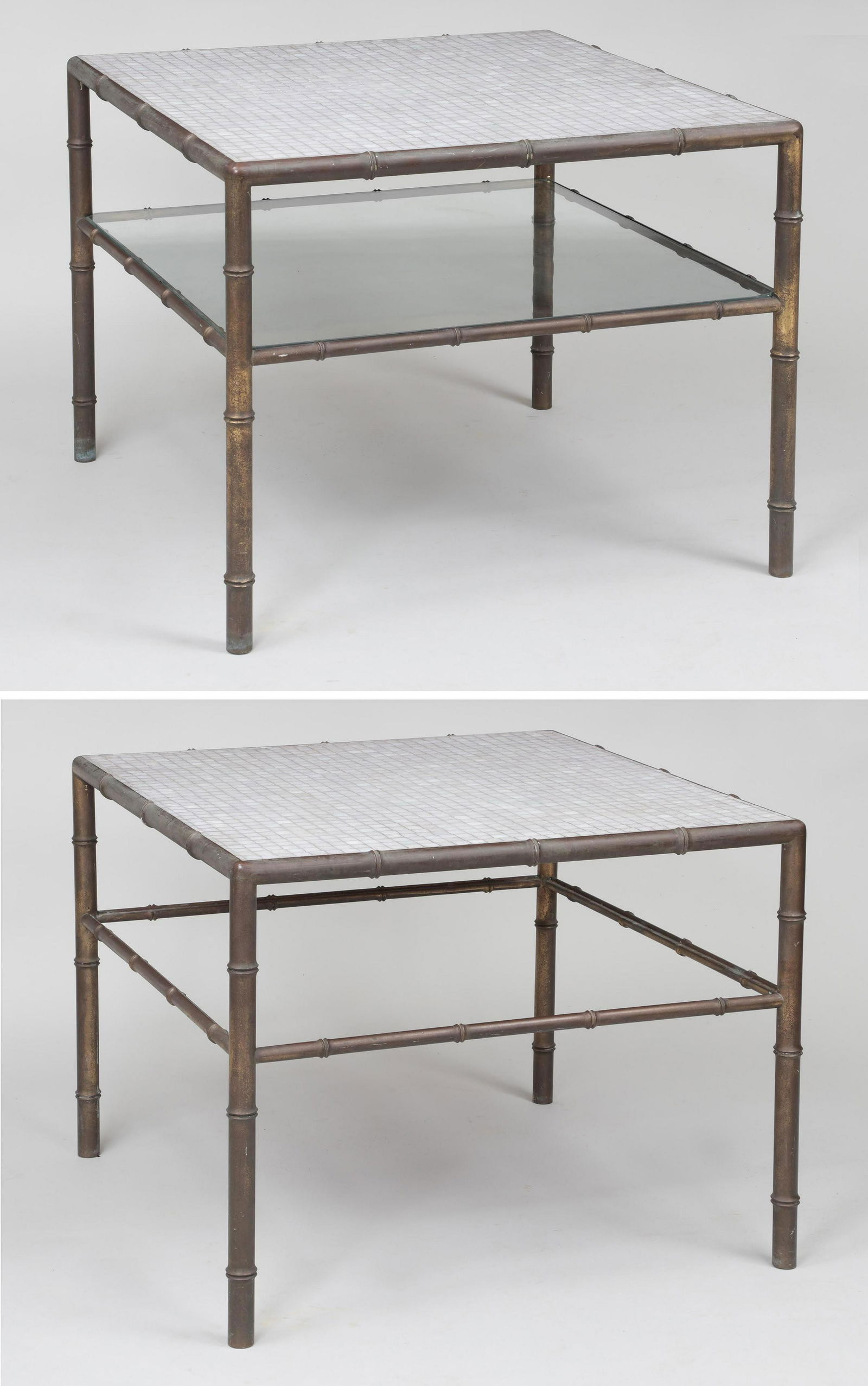 Pair of Maison Bagues style bronze tables: Pair of Maison Bagues style faux bamboo bronze tables, with square tiled top, solid bronze frame, and bottom glass shelf, mid 20th century. One glass missing, wear. 24''h, 30-1/2''sq.