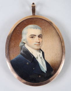 ROBERT FIELD (British-American, 1769-1819).: ROBERT FIELD (British-American, 1769-1819), oval painted portrait miniature of man with shoulder length hair, perhaps 35-40 years of age, in a blue frock coat with a white cravat, signed lower right '