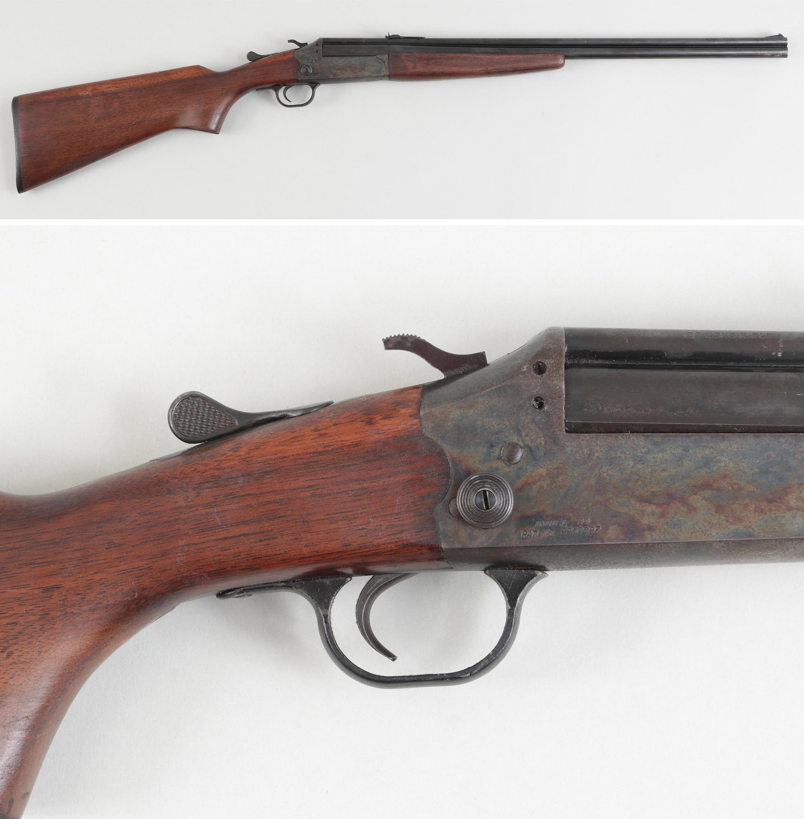 Savage Model 24 o/u: Savage Model 24 o/u combination 22 LR rifle over a 410 shotgun. The barrels measure 24'' with an external hammer. The barrel selection is operated by a sliding knob on the right side of the case-color