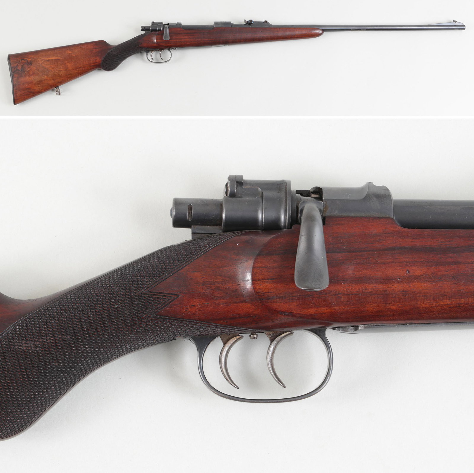 German Mauser Sporting Rifle: German Mauser Sporting Rifle in 8mm. This Mauser factory-built sporting rifle has a 23'' tapered barrel with excellent bright bore, adjustable tangent rear sight and ramped blade front. The receiver i