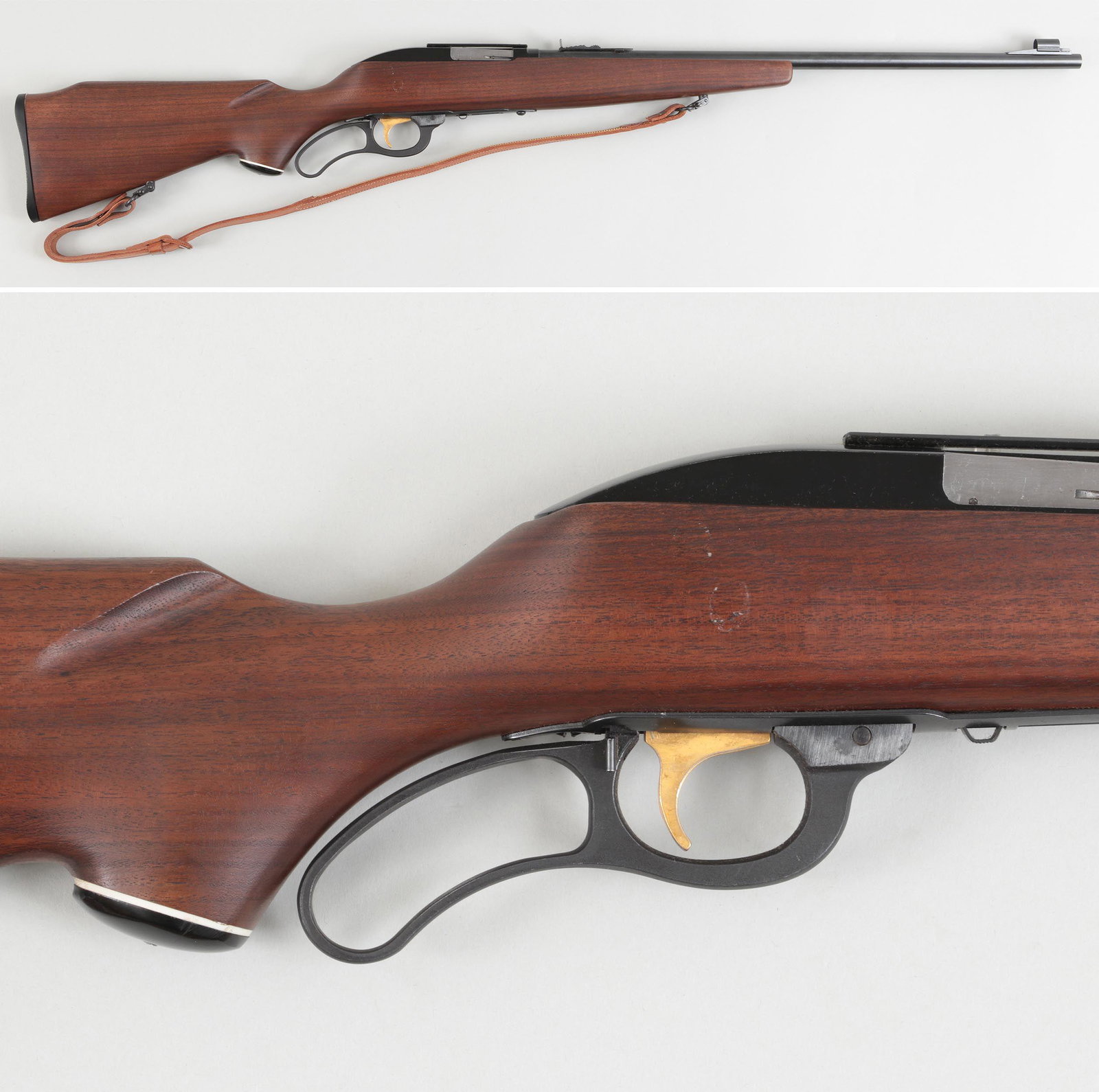 Marlin M56 lever action rifle: Marlin M56 lever action rifle in 22cal. The round micro-grooved barrel measures 22'' and has a 7-shot clip which is missing. The rear sights are adjustable and the front sight has a hood. The receiver