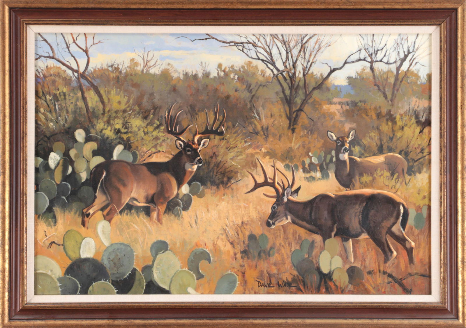 DAVE WADE: DAVE WADE (American, 1952-2019), deer among cacti, oil on masonite, signed lower middle. Board 20''h, 30''w.