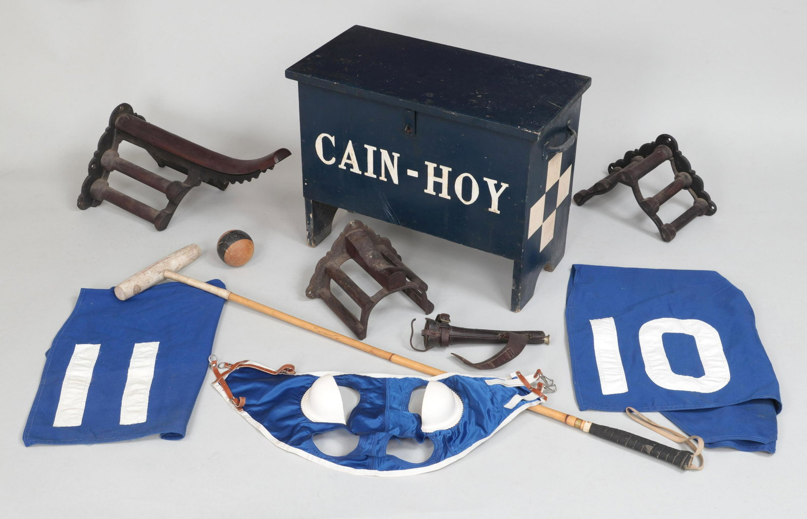 Harry Guggenheim's CAIN-HOY stable items: Historic group of (10) polo memorabilia from the Harry Guggenheim's CAIN-HOY stables on Long Island and South Carolina which breed thoroughbred race horses, comprising of: two saddle cloths numbers 10