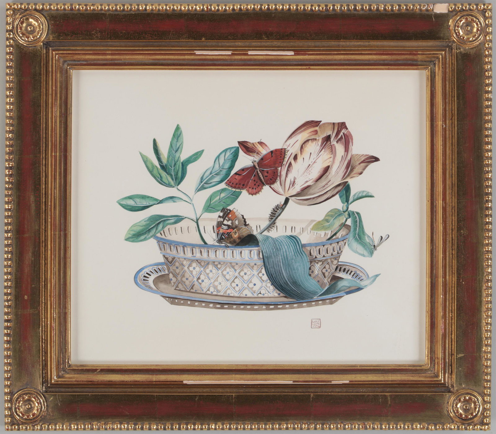 LUCY COPE: LUCY COPE (British, 20th century), still life with iris, moths and caterpillar in reticulated porcelain bowl, 1994, watercolor on paper, signed and dated in square cartouche lower right. Sight 12''h, 