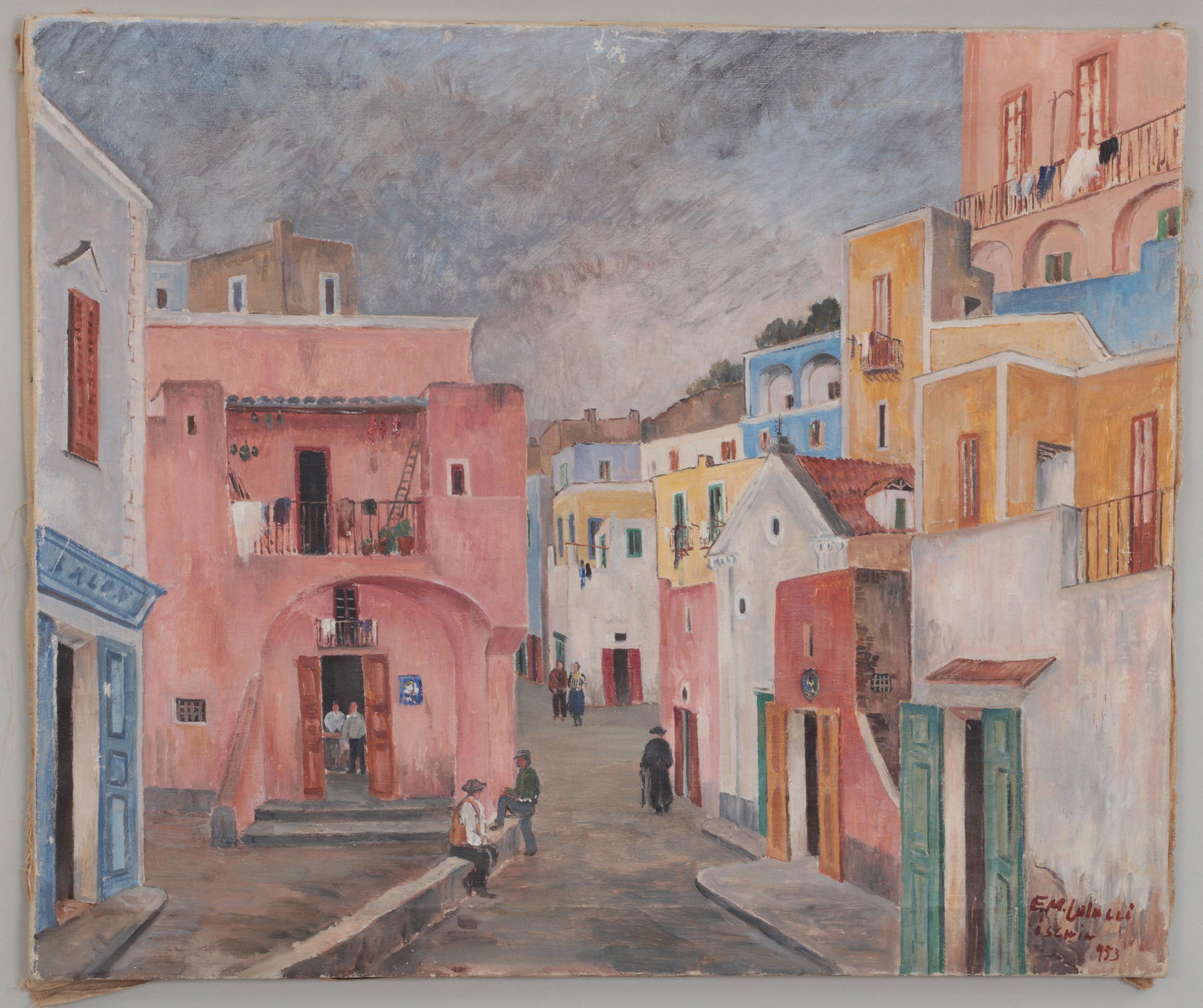 EDUARDO MARIA COLUCCI: EDUARDO MARIA COLUCCI (Italian, 1900-1975), ''Ischia il Paese'', 1953, oil on linen, signed, titled and dated lower right and on verso, unframed. Abrasions, stretcher marks, craquelure. Linen 19-3/4''