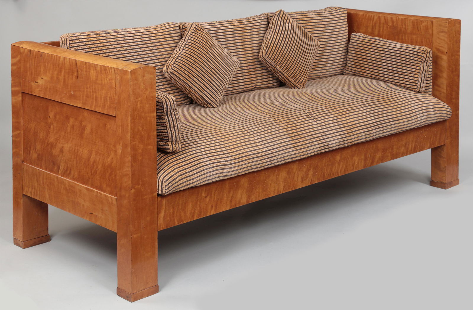 Swedish Biedermeier tiger maple sofa: Swedish Biedermeier tiger maple sofa, 1860s, with Clarence House upholstery in ''Jaguar'' pattern. Wear from use. 33-1/2''h, 80-3/4''w, 30''d. Provenance: Acquired by present owner from Eileen Lane An