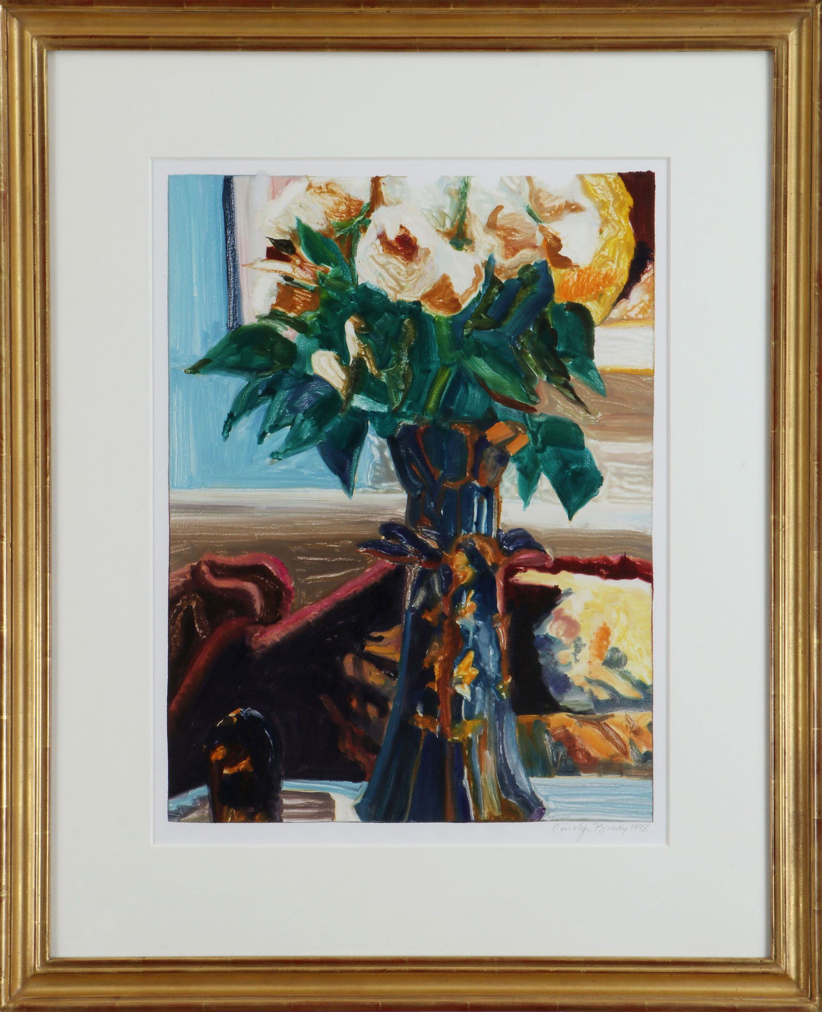 CAROLYN BRADY: CAROLYN BRADY (American, 1937-2005), still life with flowers in vase, monotype, pencil signed and dated ''1998'' lower right, framed under glass. Image sight 24''h, 17-3/4''w. Note: from the artist's