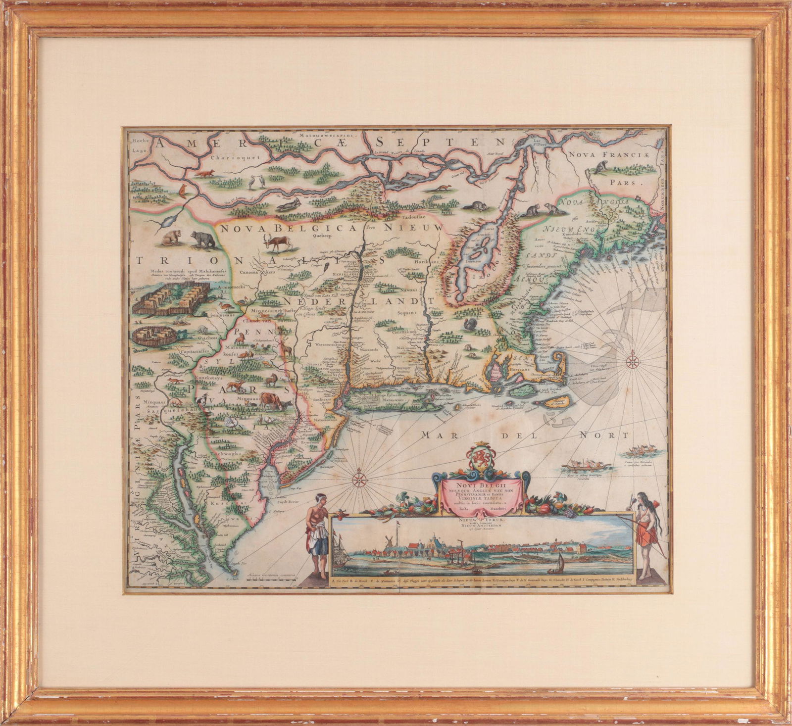 JUSTUS DANCKERTS: JUSTUS DANCKERTS (Dutch, 1635-1701), ''Novi Belgii Novae Que Angliae Nec Non Pennsylvaniae et Partis Virginiae Tabula'', hand-colored and engraved map of 17th century New York and environs, with inset