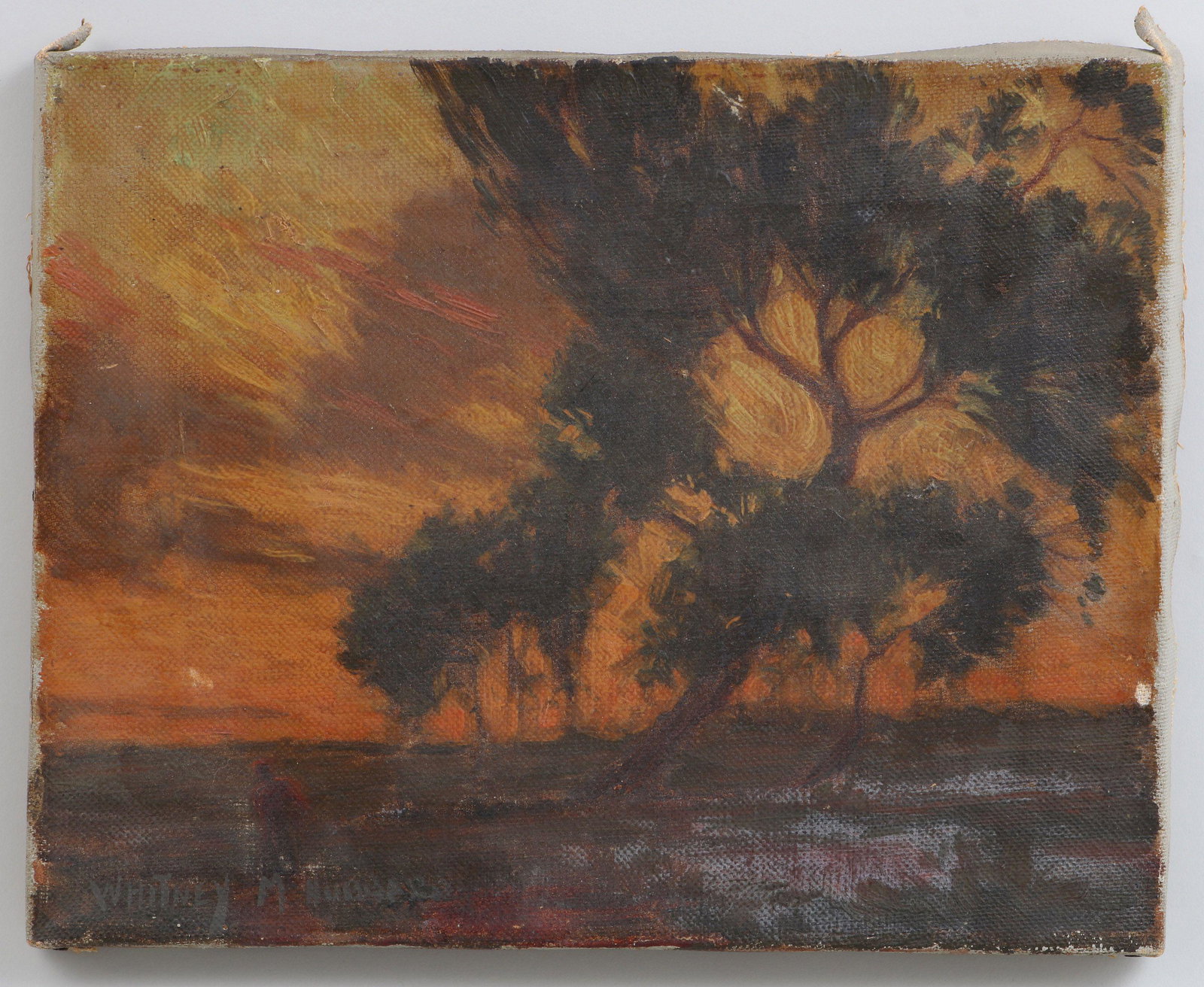 WHITNEY M. HUBBARD: WHITNEY M. HUBBARD (American, Long Island, 1875-1965), landscape with orange sunset, oil on canvas, signed lower left, unframed. Small paint loss to left edge, dirt and grime. Canvas 11''h, 14''w.