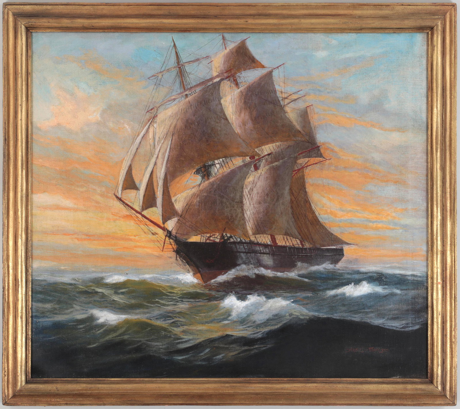 STEARS THOMSON: STEARS THOMSON (American, 20th century), square-rigger at sunset, oil on canvas, signed lower right. Aging cracks, lined, overcleaned. Canvas 28''h, 32''w.
