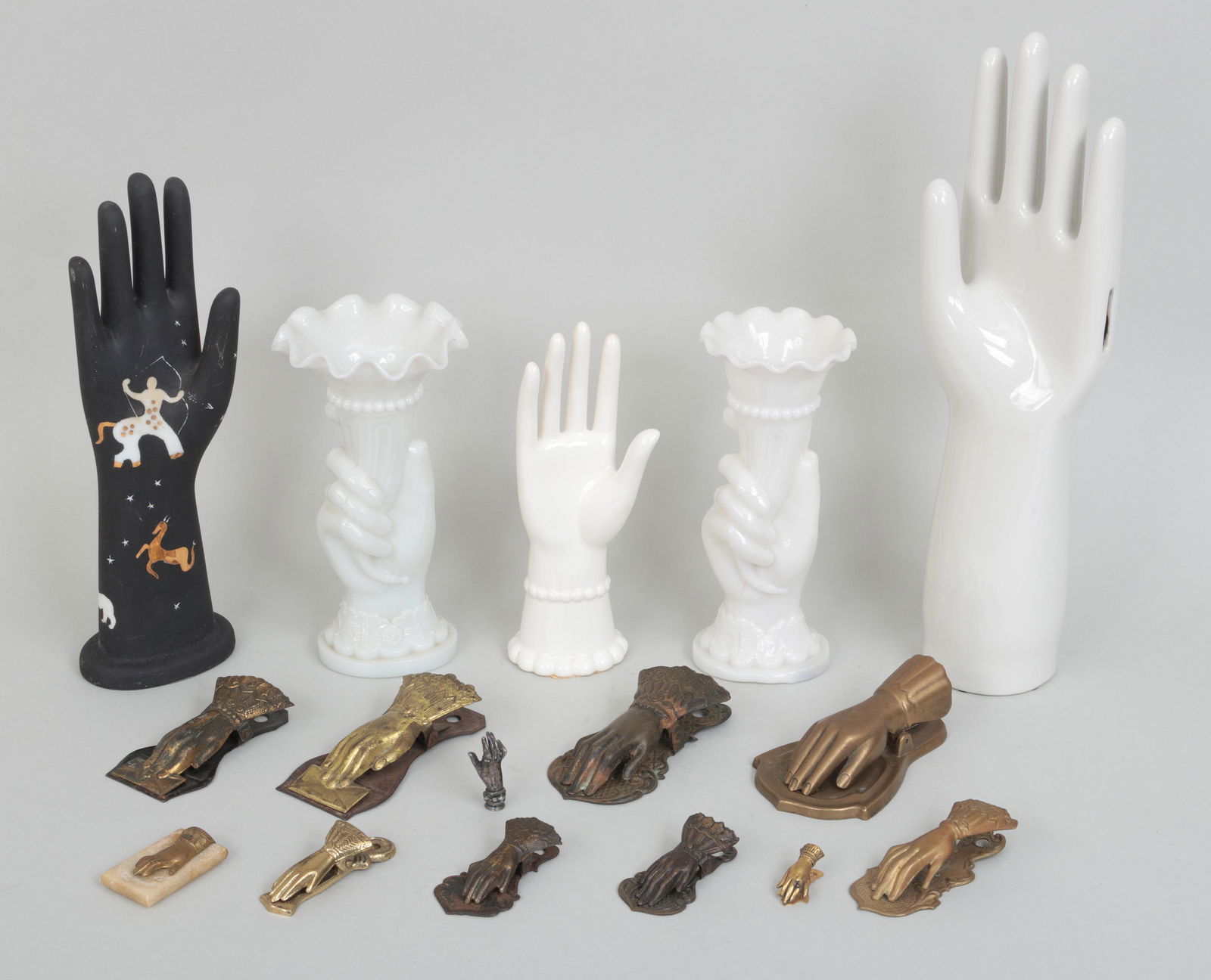 Group of (16) hand items: Group of (16) hand items, to include: ceramic hand bank, Porcelaine de Paris hand with astrological depictions, ceramic ring holder, (2) milk glass vases, including: one French Portieux Vallerysthal v