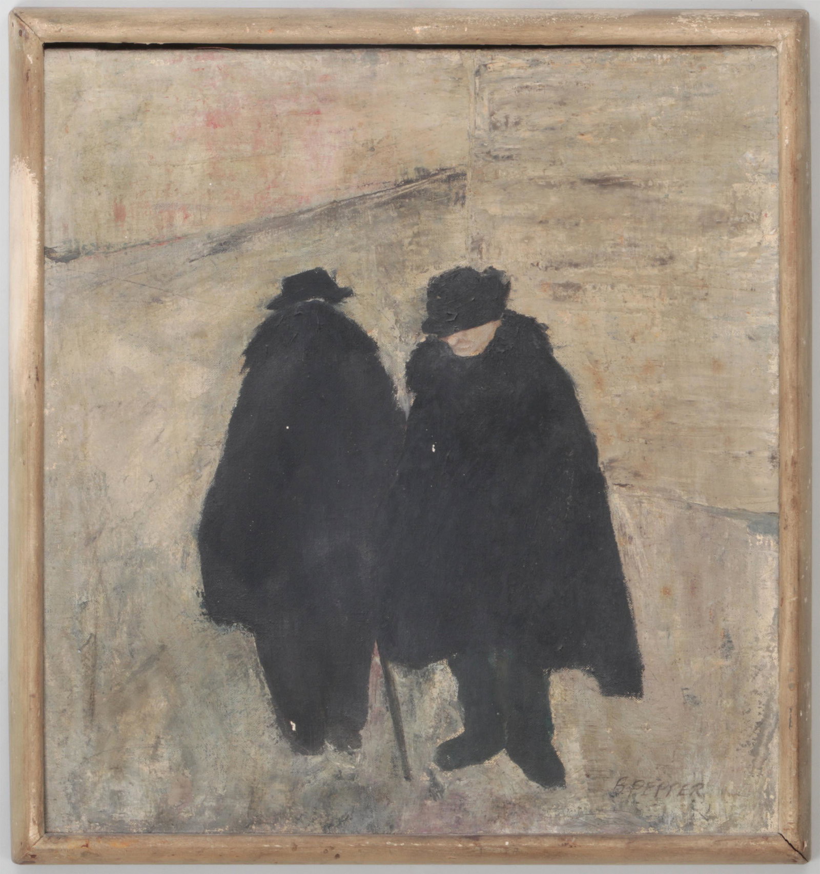BEVERLY PEPPER: BEVERLY PEPPER (American, 1922-2020), two shadowy figures, 1954, oil on canvas, signed lower right, dated on canvas verso. Two small flakes, dirt and grime. Canvas 18-3/4''h, 17-1/2''w. Provenance: Pu