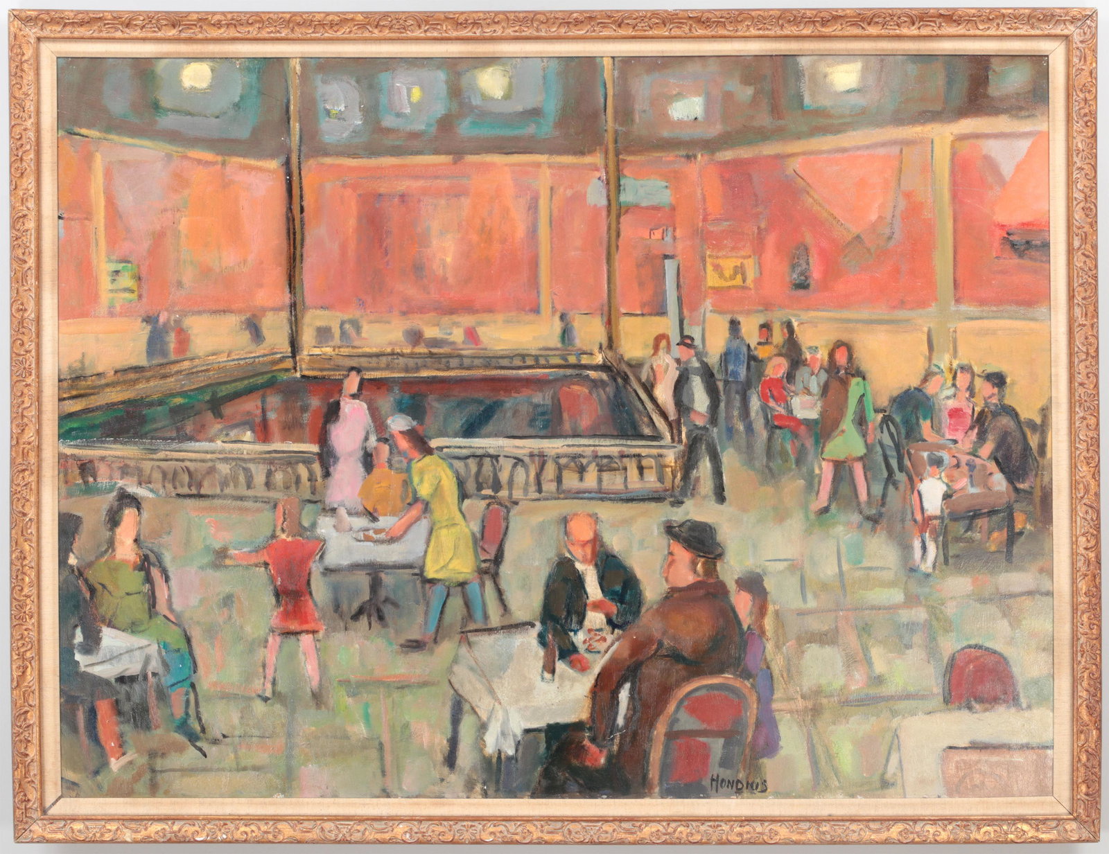 GERRIT HONDIUS: GERRIT HONDIUS (Dutch-American, 1891-1970), interior scene with diners in busy cafeteria, oil on masonite, signed lower middle right. Inscribed on frame verso. Minor accretions, abrasions, small losse