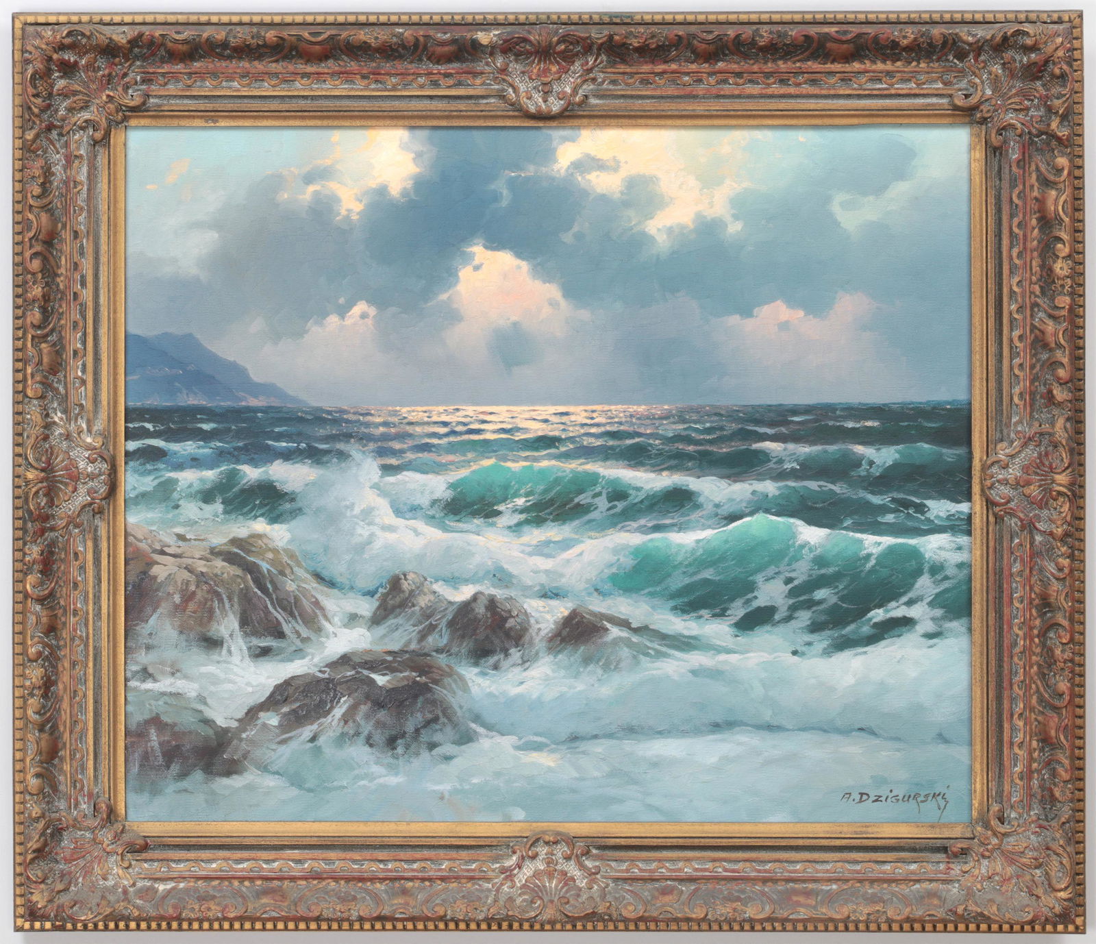 ALEXANDER DZIGURSKI, oil on canvas: ALEXANDER DZIGURSKI (Yugoslavian-American, 1911-1995), rocky coastal seascape at sunset, oil on canvas, signed lower right. Surface dust. Canvas 20''h, 24''w.