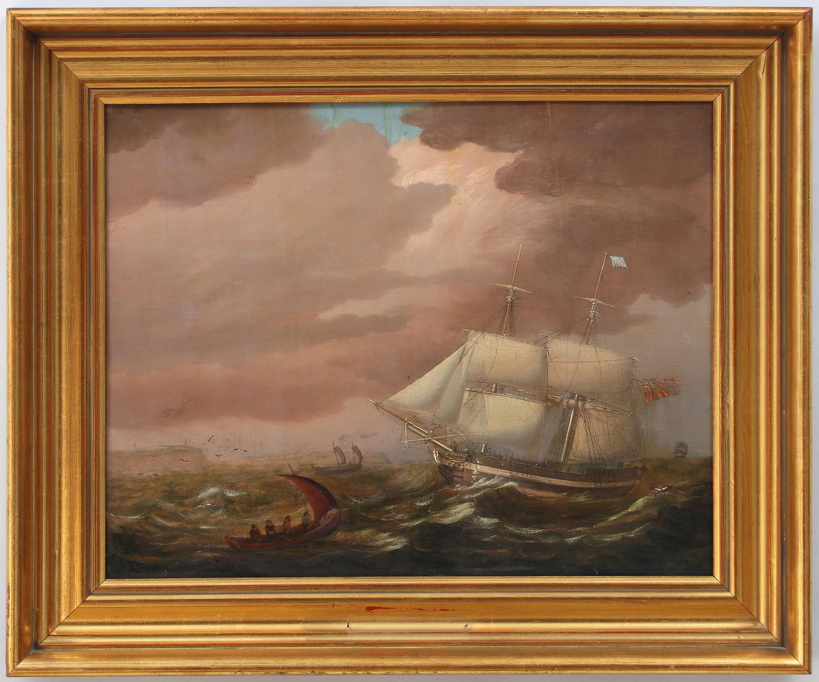 British School (19th century), oil on panel: British School (19th century), square rigger at full sail with distant cliffs, oil on panel, unsigned. Craquelure, repaired split, area of overpaint at stern of ship. Panel 15''h, 19''w.