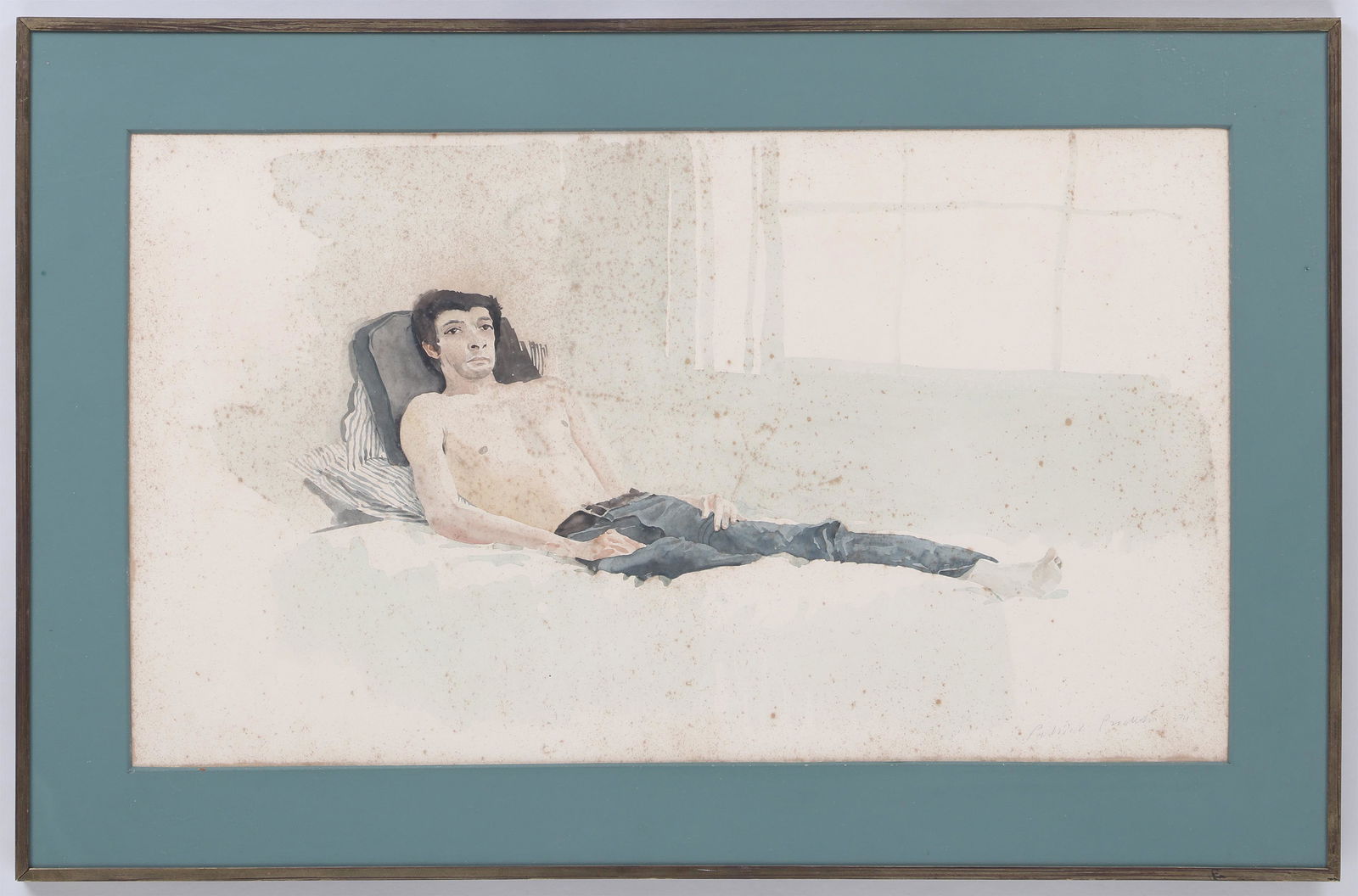 PATRICK PROCKTOR watercolor: PATRICK PROCKTOR (British, 1936-2003), ''White Negro'', 1974, watercolor on illustration board, pencil signed and dated lower right. Redfern Gallery label on verso. Overall foxing. Image 17-1/2''h, 30