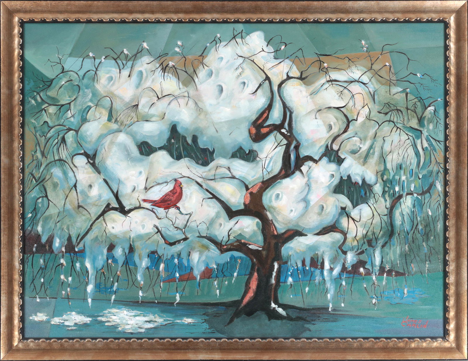 JAMES CARLIN oil on canvas: JAMES CARLIN (Irish-American, 1906-2005), ''My Tree in Winter'', oil on canvas, signed lower right, titled and inscribed ''James Carlin, Nutley, NJ, 1942'' on canvas verso. Canvas 30''h, 40''w.