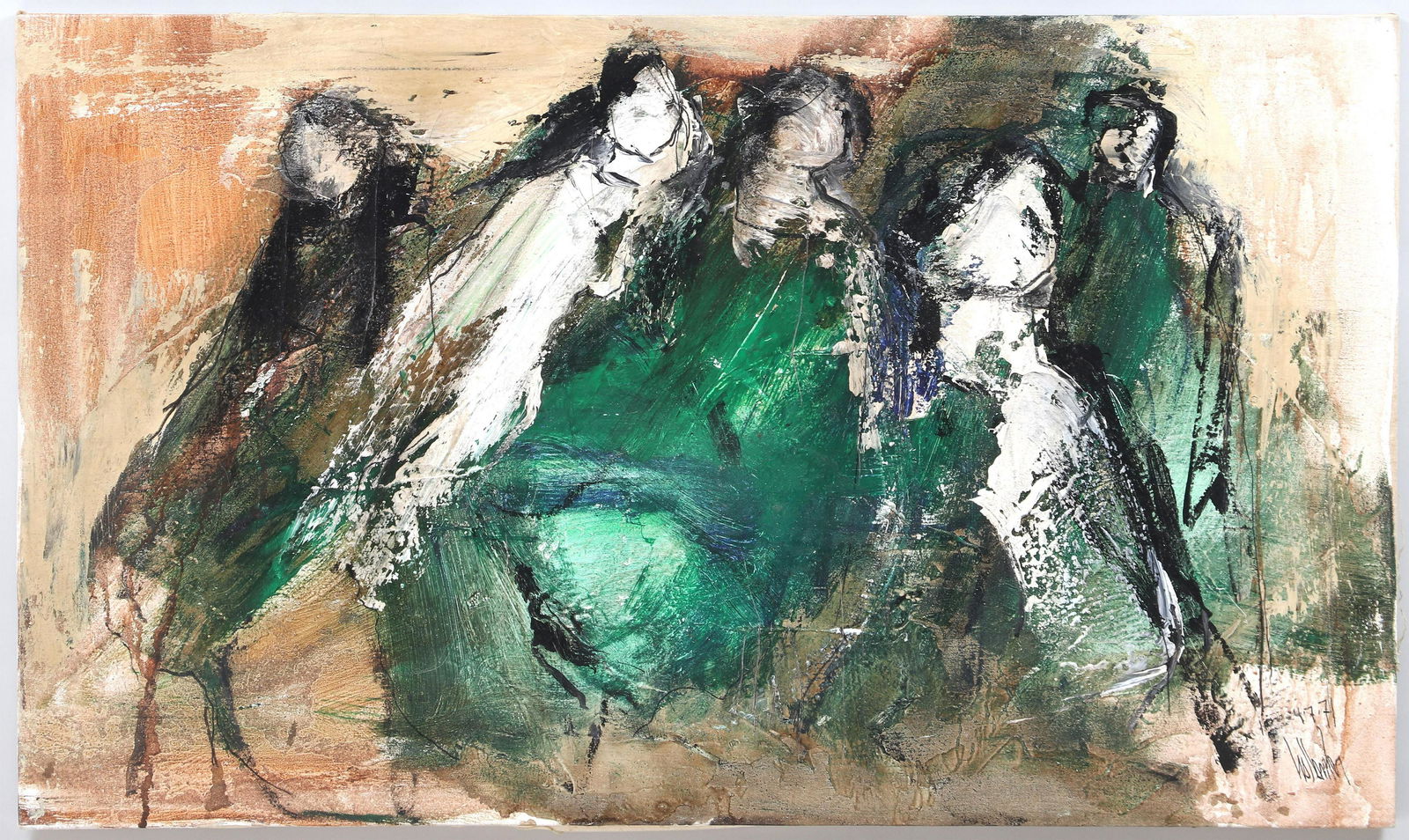 GINO HOLLANDER oil on canvas: GINO HOLLANDER (American, 1924-2015), abstract figures, oil on canvas, signed lower right and dated ''4-7-71'', unframed. Dirt and grime, aging cracks. Canvas 23''h, 39''w. Provenance: Acquired by the