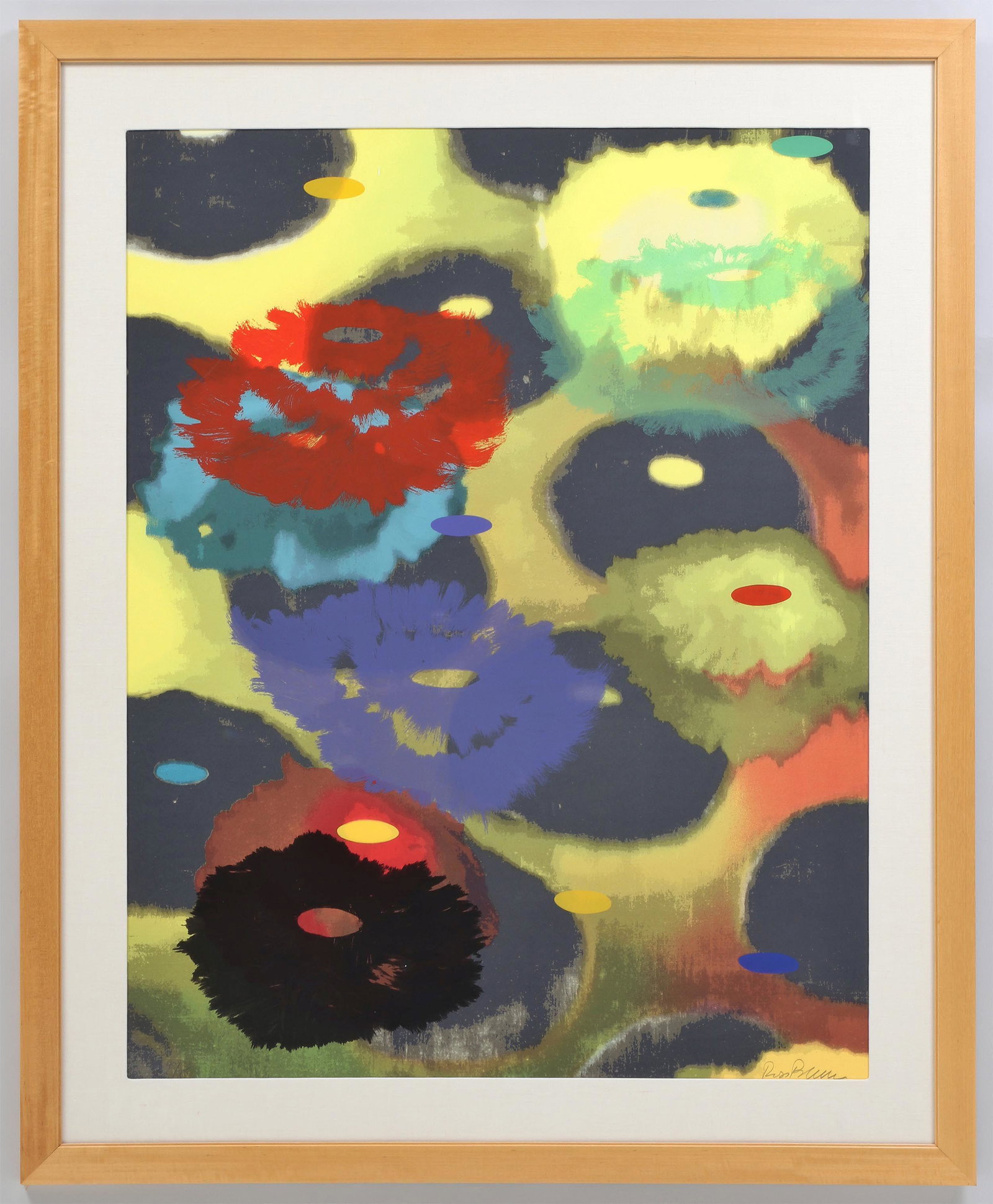ROSS BLECKNER screenprint: ROSS BLECKNER (American, b. 1949), ''PS III'', 1997, screenprint in colors, pencil signed lower right, numbered 48/75 lower left. Hinge-mounted, matted and framed under glass. Slight fading. Image sig