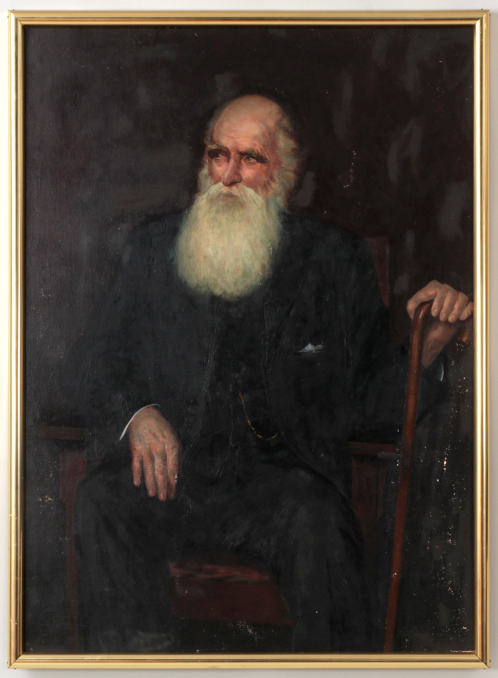 American School portrait: American School (early 20th century), portrait of a bearded gentleman in Stickley chair, oil on canvas laid to board, appears unsigned. Canvas has been trimmed and laid down to artist's board, overpai