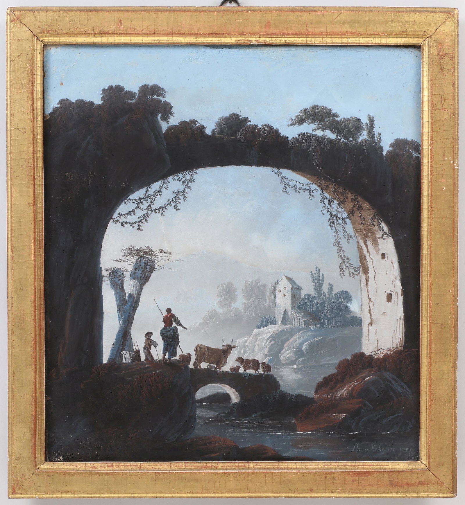 Circle of JEAN-BAPTISTE PILLEMENT: Circle of JEAN-BAPTISTE PILLEMENT (French, 1728-1808), shepherds and livestock on bridge beneath aqueduct, pastel on gessoed canvas, signed or inscribed lower right ''B. Stehelin 1780''. Framed under 