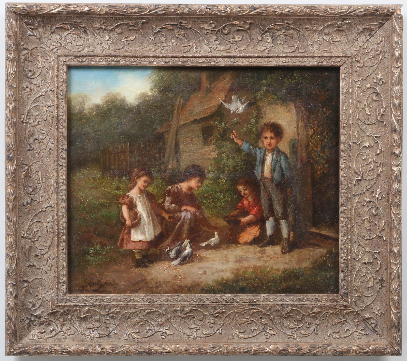 CHARLES A. H. LUTYENS (British, 1829-1915): CHARLES AUGUSTUS HENRY LUTYENS (British, 1829-1915), genre scene of children feeding birds, oil on canvas, signed lower left. Lined, extensive repairs with inpainting. Canvas 12''h, 14''w.