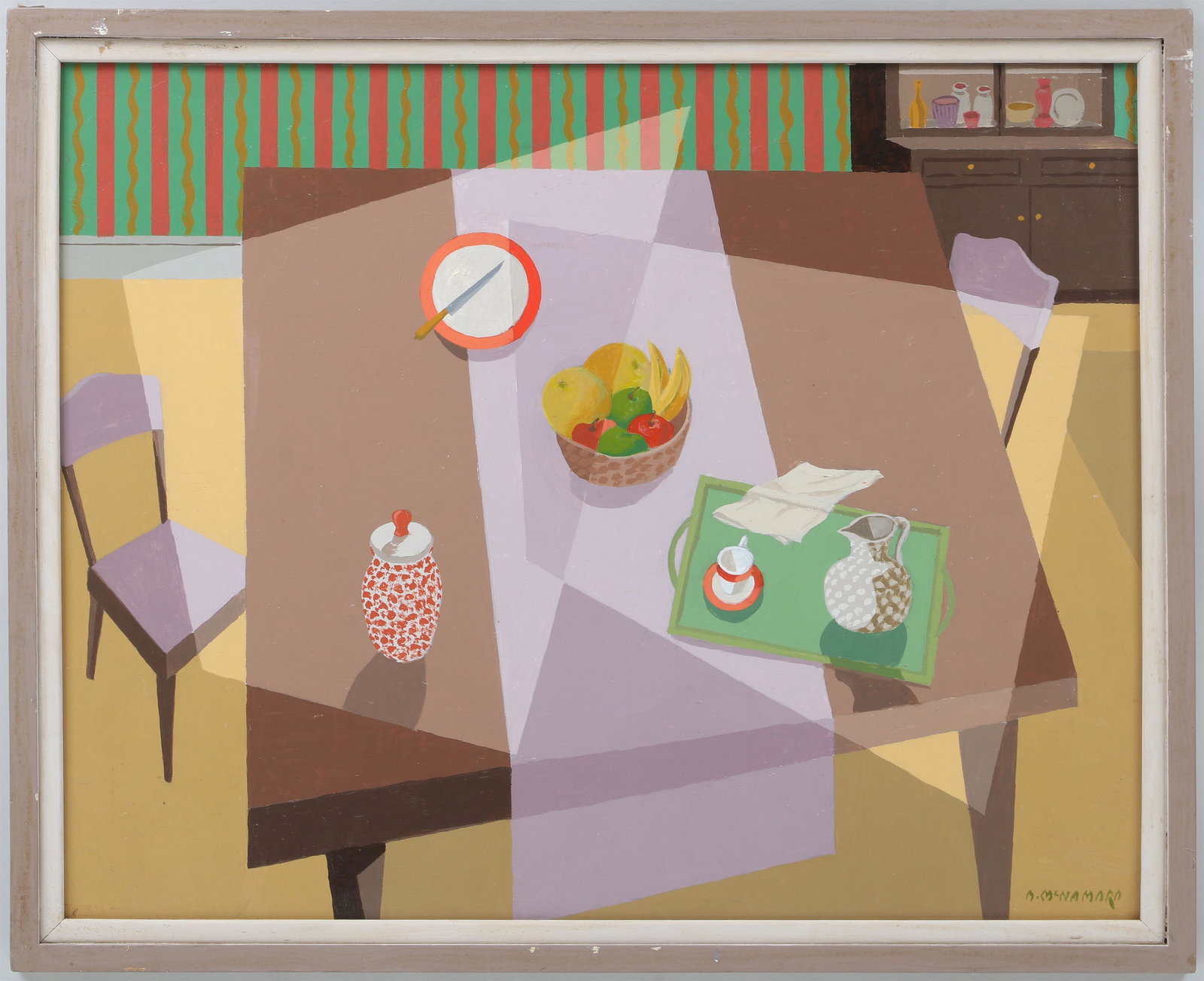 ALFRED MCNAMARA (American, 1911-1994): ALFRED MCNAMARA (American, 1911-1994), ''Set for Afternoon Tea'', 1985, oil on masonite, signed lower right and on verso, titled and dated on verso. Minor surface dirt. Board 24''h, 30''w.