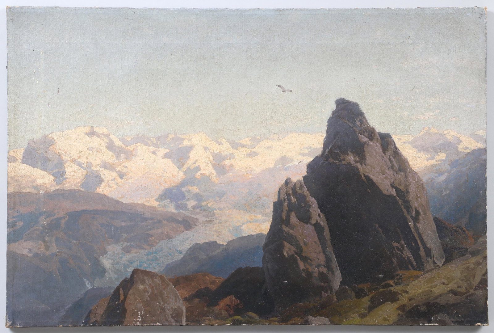 FREDERICK JUDD WAUGH (American, 1861-1940): FREDERICK JUDD WAUGH (American, 1861-1940), mountain landscape, oil on canvas, signed lower right, unframed. Canvas has been cut down, stretcher marks, craquelure, scattered small tears and edge losse