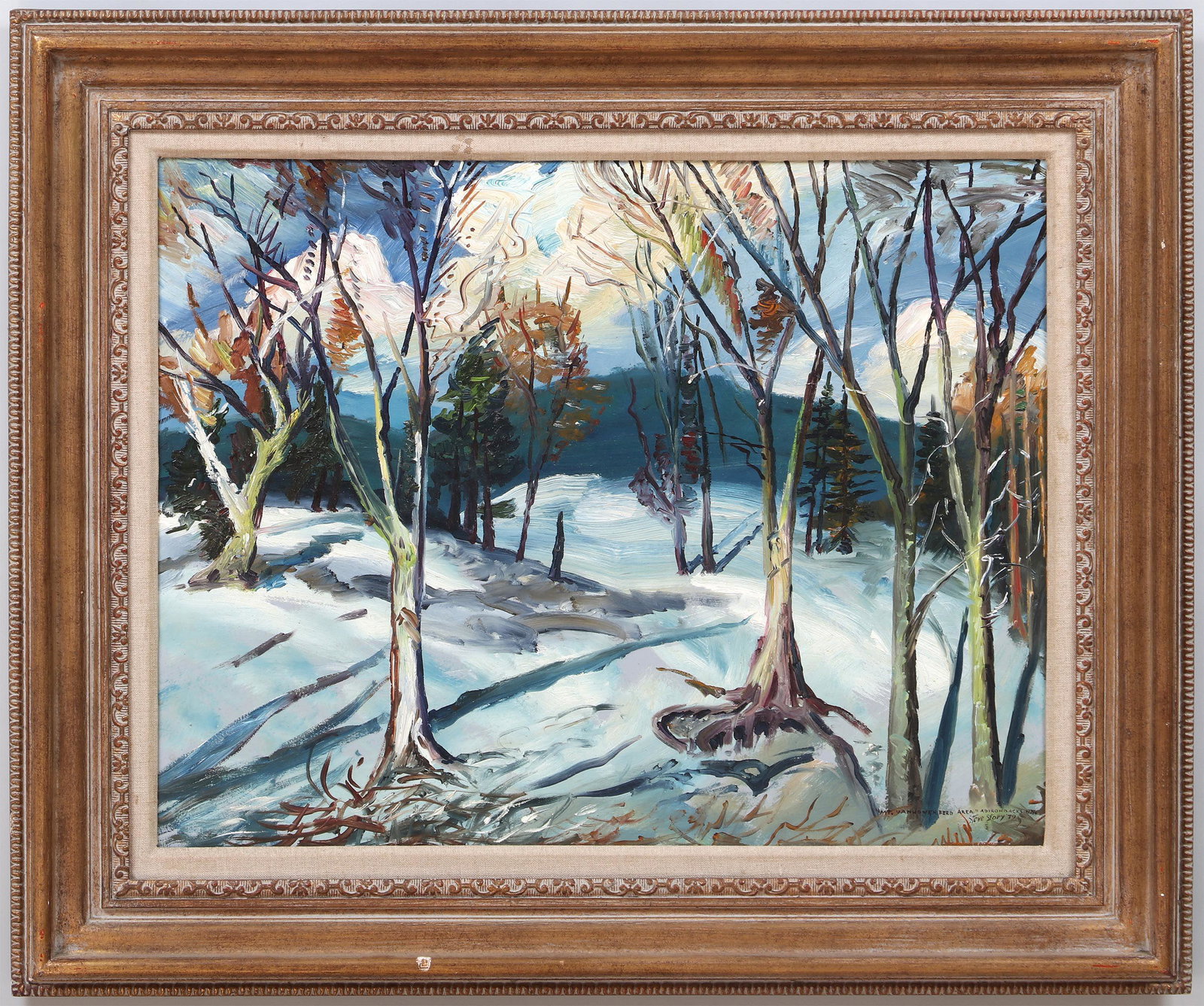 STEVE STORY (American, 20th century): STEVE STORY (American, 20th century), ''Mt. Van Hoevenberg Area, Adirondacks, N.Y.'', 1979, oil on masonite, signed, titled and dated lower right and on verso. Masonite 17-3/4''h, 23-1/4''w. Provenanc