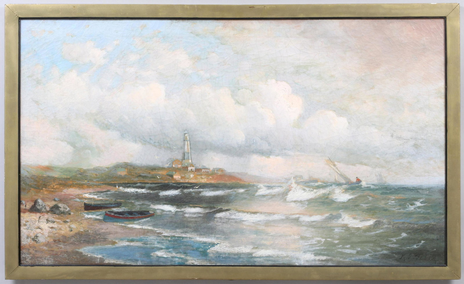 KANUTE E. FELIX (Swedish-American, 1852-1935): KANUTE EDWIN FELIX (Swedish-American, 1852-1935), Montauk Point lighthouse, oil on canvas, signed ''K.E. Felix'' lower right. Lined, stretcher marks, craquelure. Canvas 21''h, 36''w.