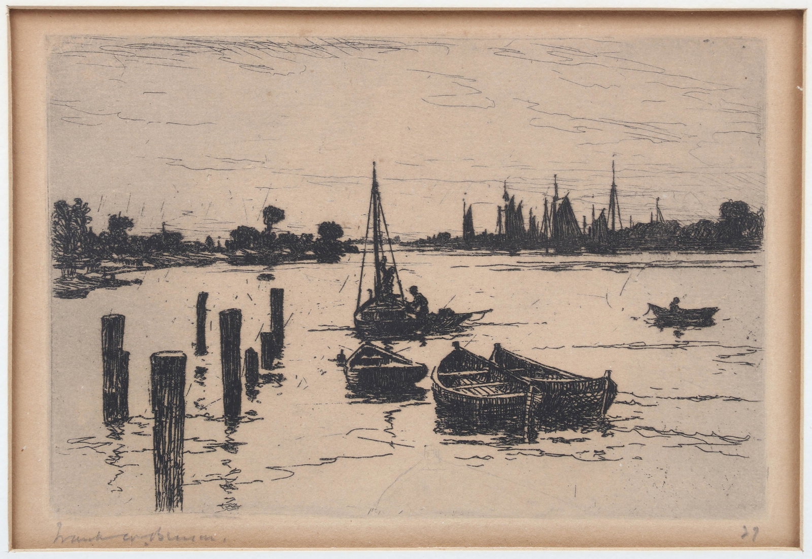 FRANK W. BENSON (American, 1862-1951): FRANK W. BENSON (American, 1862-1951), ''Harbor'', 1918, etching on laid paper, pencil signed lower left margin, numbered ''29'' lower right. Hinge-mounted, matted and framed under glass. Toning, matb