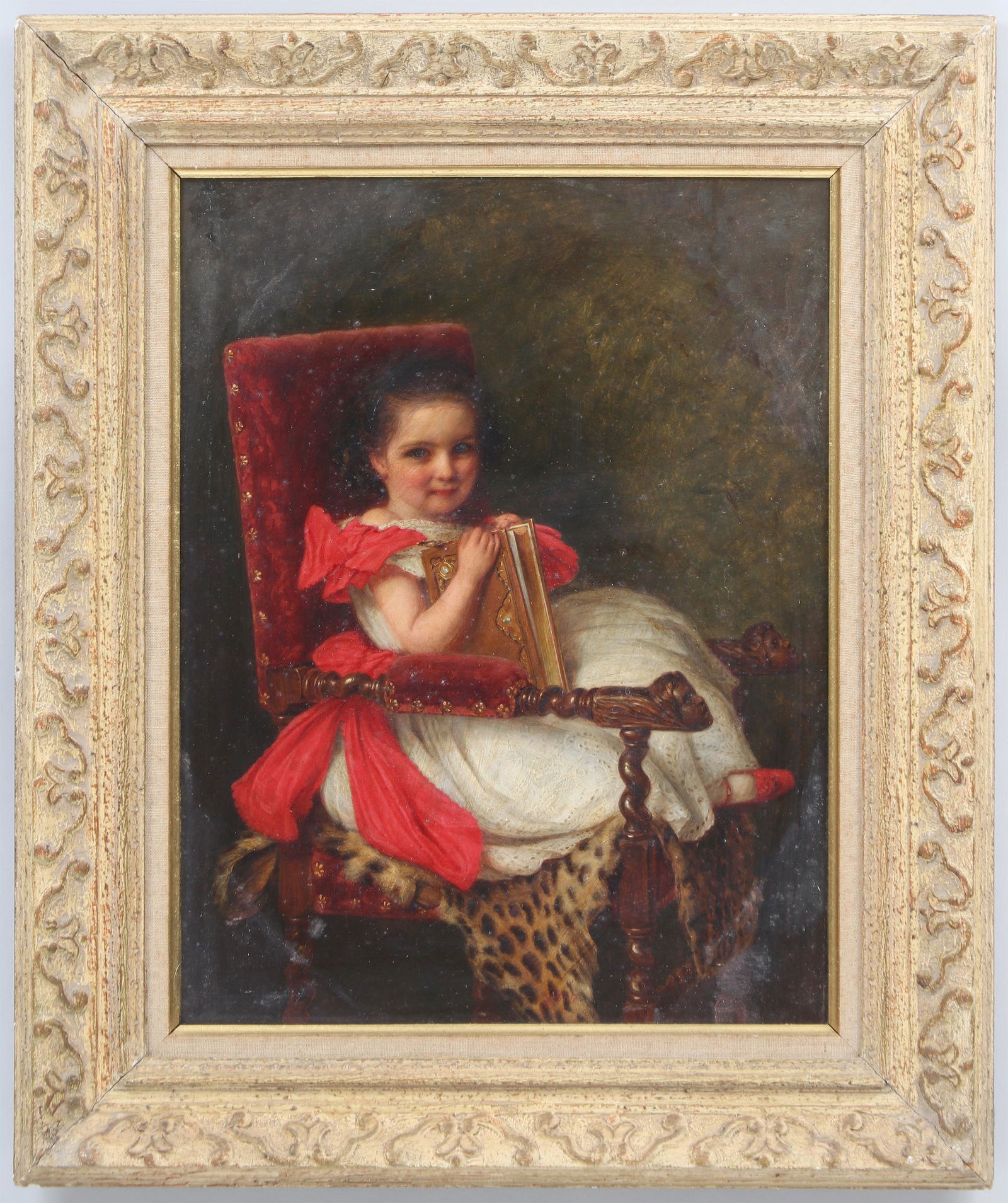 British School (19th century): British School (19th century), portrait of seated girl with book, 1865, oil on panel, monogram signature with date at lower mid-right. Charles Roberson & Co. label and impressed marks on panel verso,