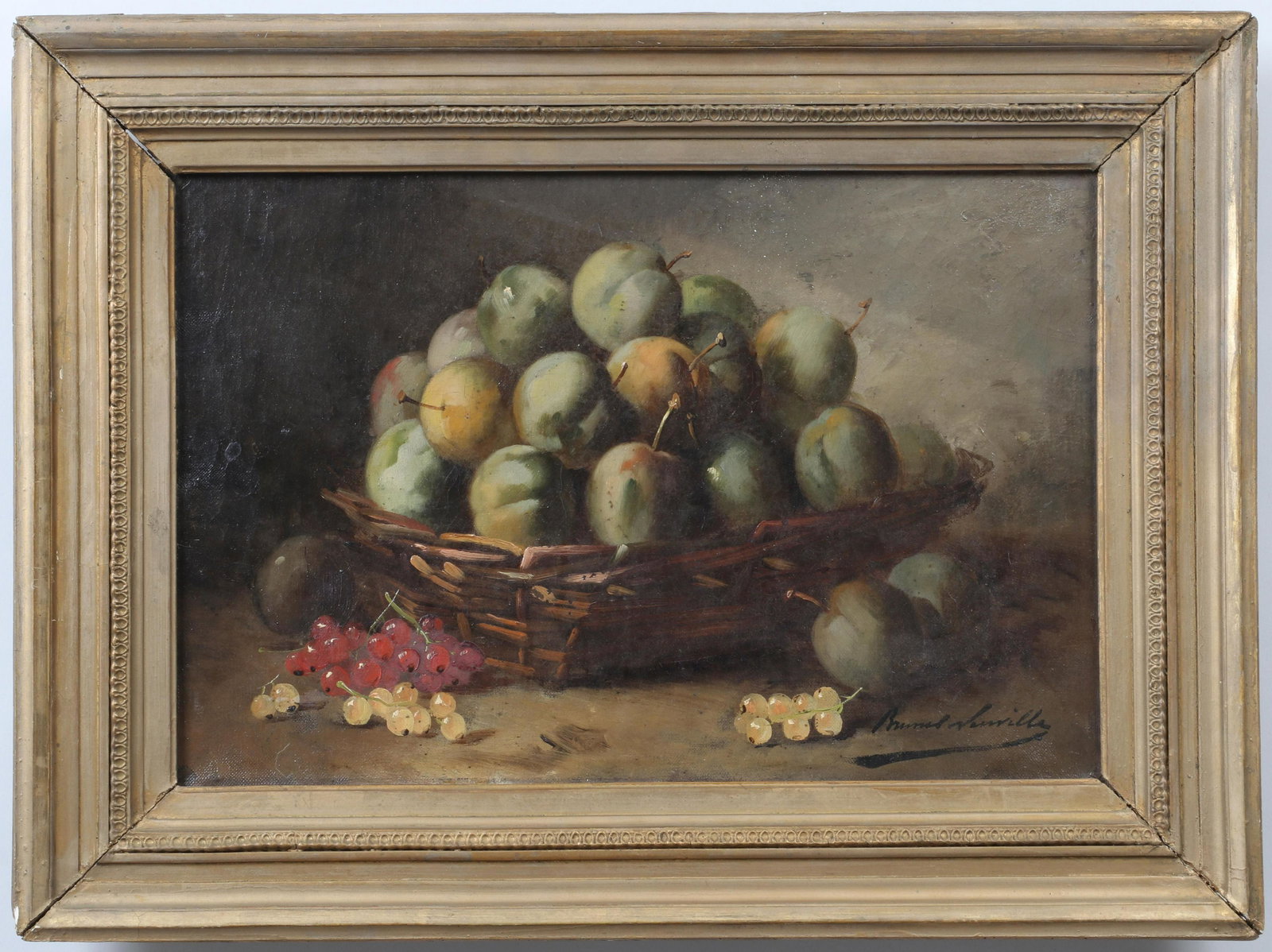 ALFRED BRUNEL DE NEUVILLE (French, 1852-1941): ALFRED ARTHUR BRUNEL DE NEUVILLE (French, 1852-1941), still life with currants and basket of plums, oil on canvas, signed lower right. Craquelure, impact crackle, scattered flakes repaired with inpain