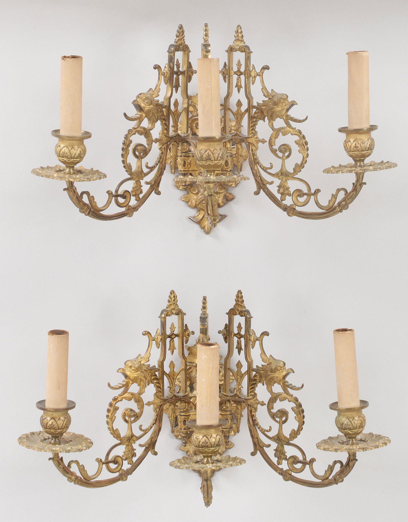 French gilt bronze three-light sconces (1 of 9)