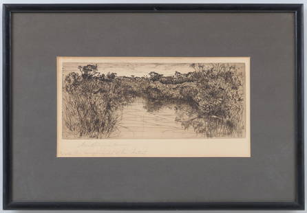 MARY NIMMO MORAN (Scottish-American, 1842-1899): MARY NIMMO MORAN (Scottish-American, 1842-1899), ''The Home of the Muskrat, Easthampton'', 1884, etching on paper laid to board, signed and dated in plate, pencil signed and inscribed by artist in low