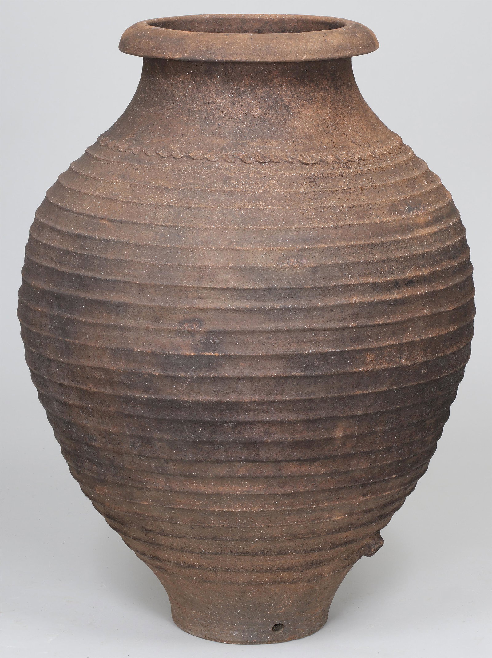 Terracotta olive jar: Terracotta olive jar. Chips, small repair. 29''h