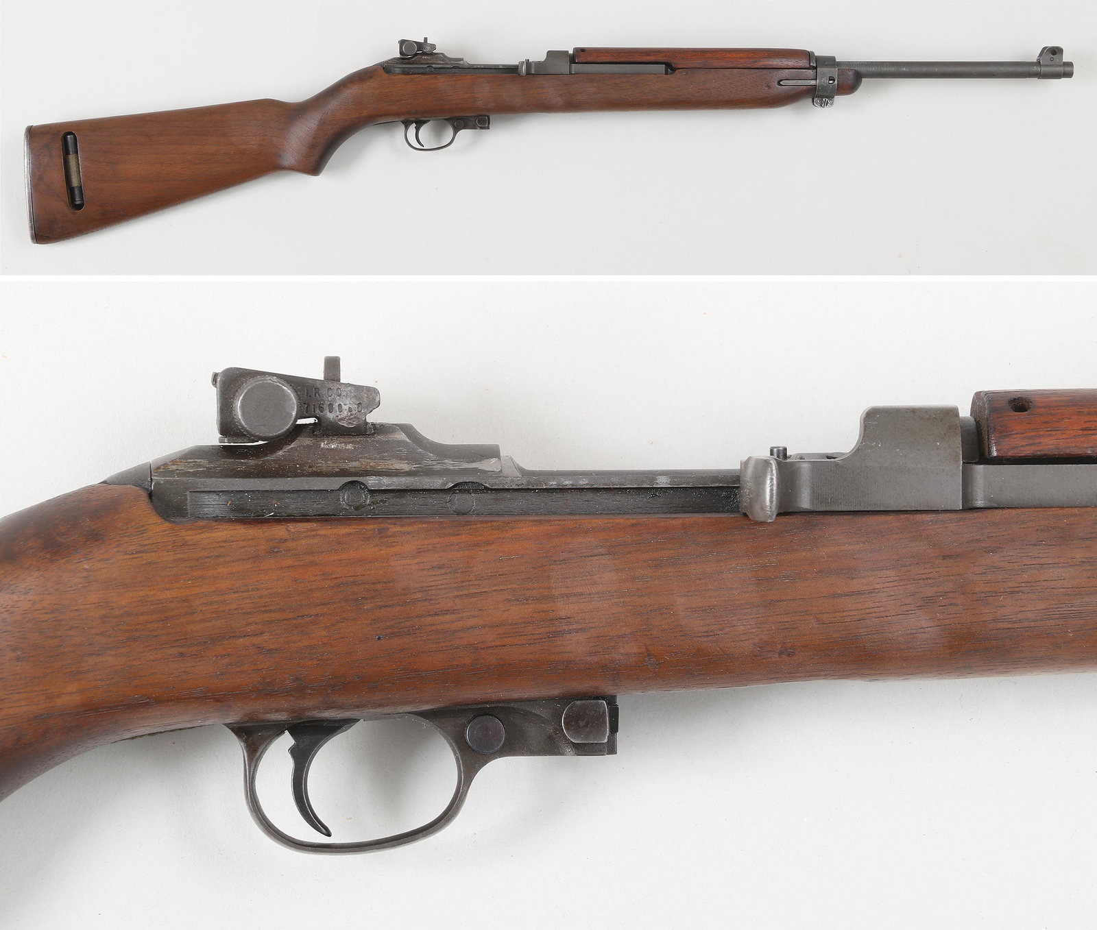 U.S. M1 Carbine by Standard Production: U.S. M1 Carbine by Standard Production, marked "BLUE SKY/ARLINGTON. VA." In US Carbine 30cal. The 18'' barrel is marked "UNDERWOOD" with flaming bomb 1-44. The bayonet lug has been removed and the cli