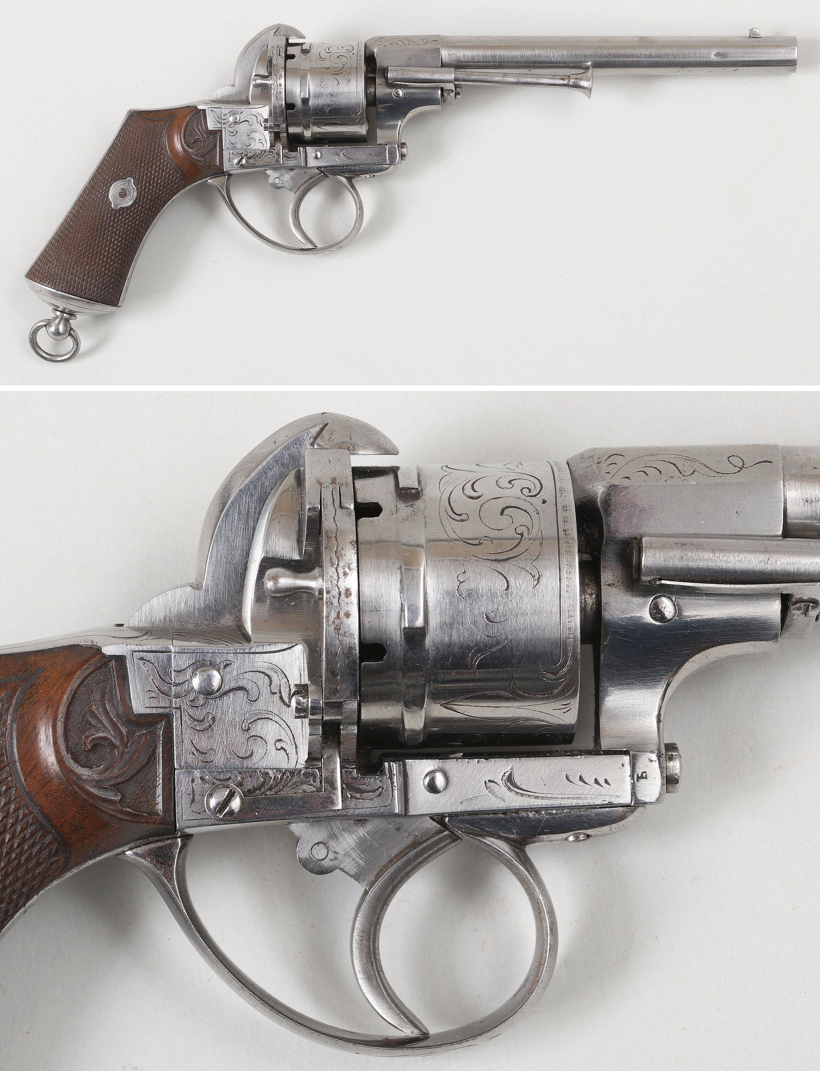 Unmarked Antique Pinfire revolver: Unmarked Antique Pinfire revolver with Belgian proof marks and a nickeled finish. The barrel measures 6'' with a 10 mm bore. The frame is modestly engraved, and the pistol grip has a leaf engraved whe