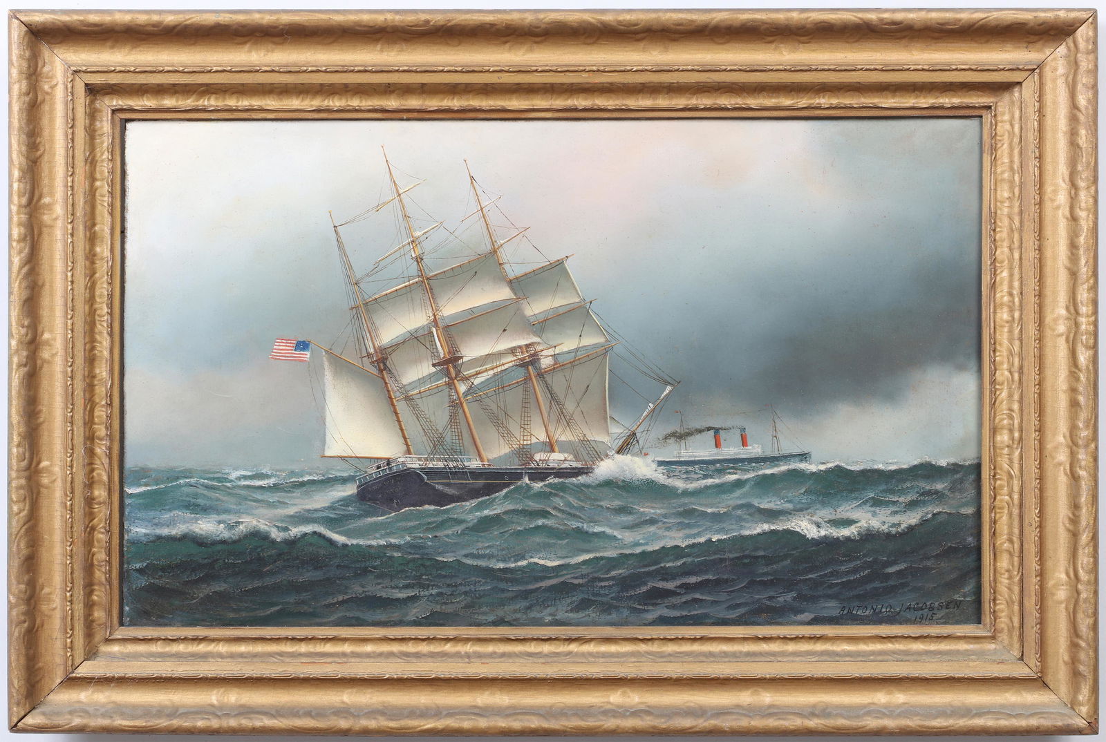 ANTONIO JACOBSEN (Danish-American, 1850-1921): ANTONIO JACOBSEN (Danish-American, 1850-1921), ship portrait of the American barque Onaway of Boston with steamship in the distance, 1915, oil on board, signed and dated lower right. Surface starting