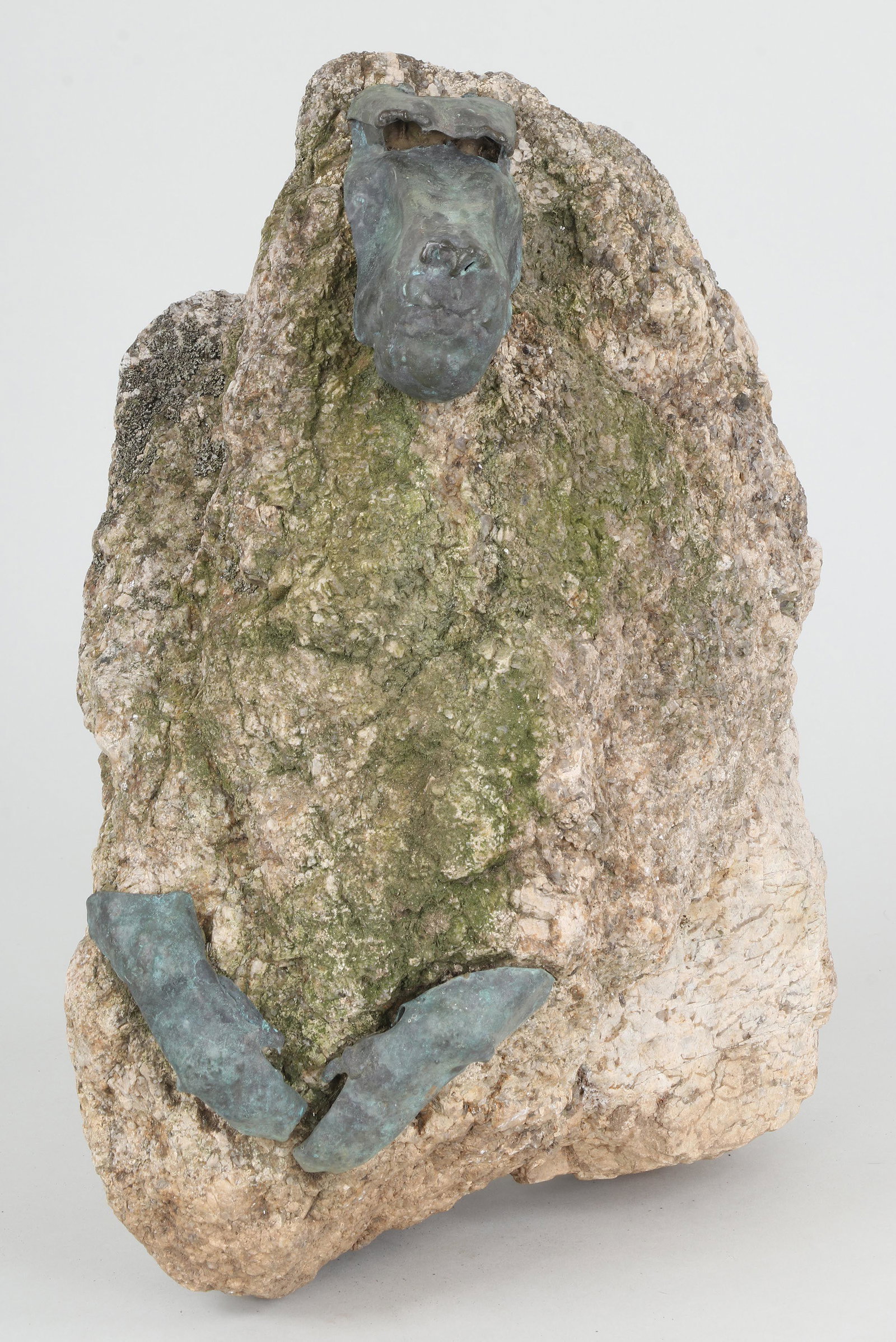 LUBOMIR TOMASZEWSKI (Polish, 1923-2018): LUBOMIR TOMASZEWSKI (Polish, 1923-2018), baboon garden sculpture, stone and metal, signed. Weathered. 17''h, 12''w, 9''d. Provenance: Estate of Roger Caras, ABC Evening News reporter and Animal Rights