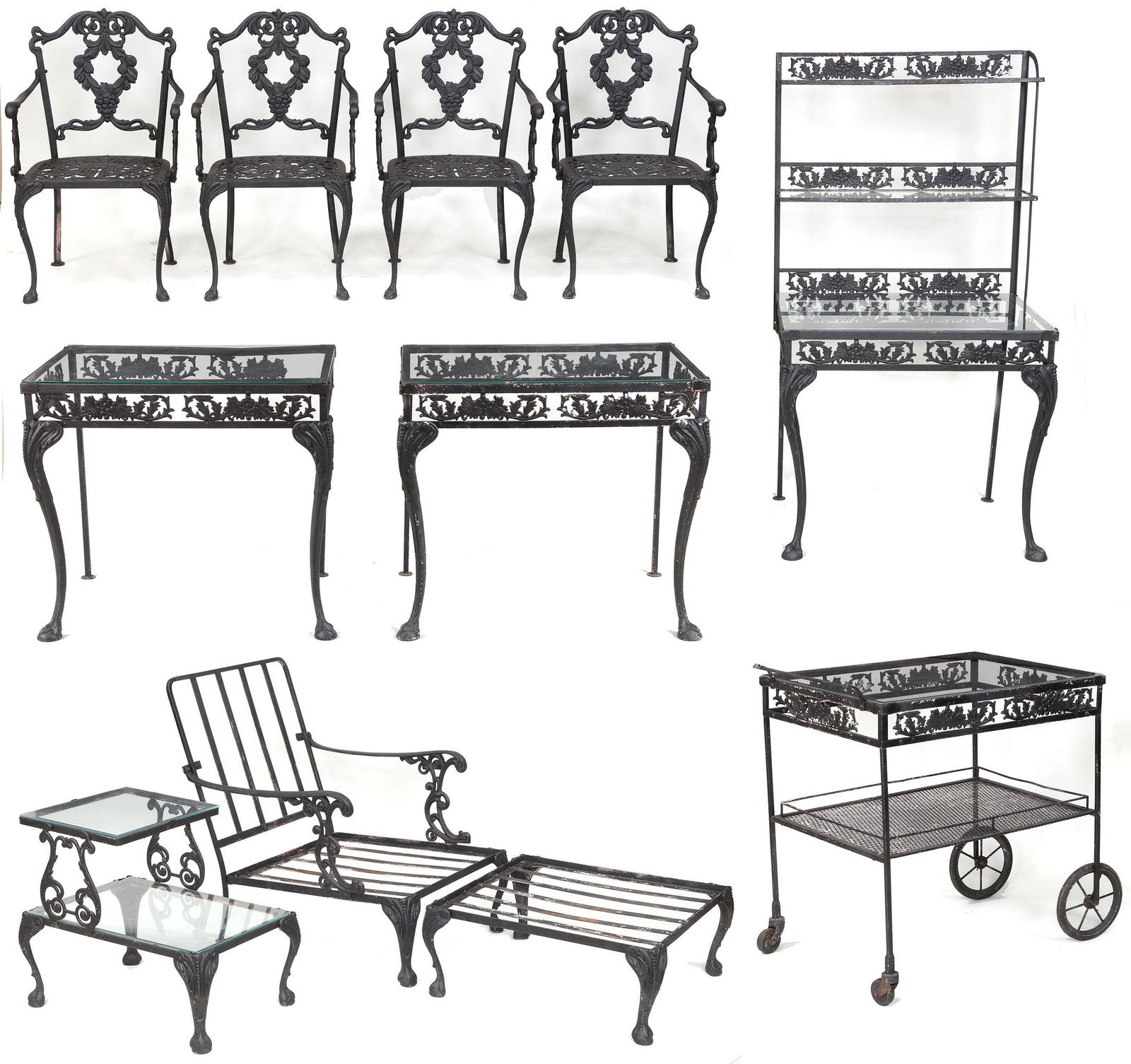 Victorian style aluminum patio set: Victorian style eleven-piece aluminum and iron patio set, with scrolled foliate design and cabriole legs ending in claw and ball feet, to include; beverage cart with glass top and latticework shelf, (