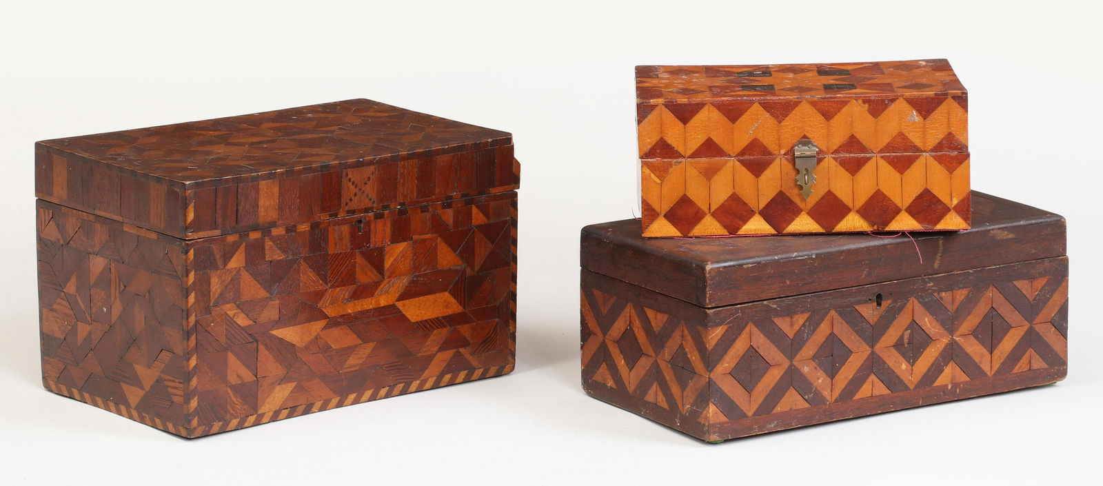 Group of (3) American Folk Art parquetry boxes (1 of 10)