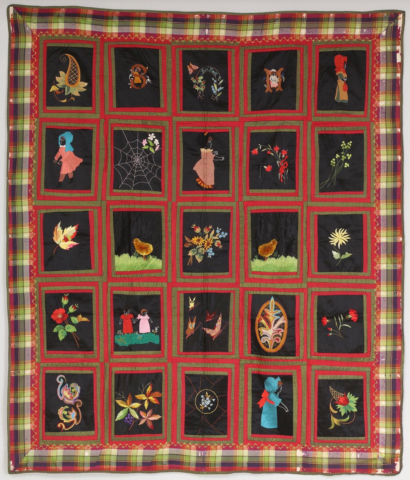 Kate Greenaway Black Figures quilt: Kate Greenaway Black Figures quilt, circa 1880s, derived from Kate Greenaway patterns and embroidered on black silk satin ground so to represent black girls, with monogram and horseshoe inscribed ''Go